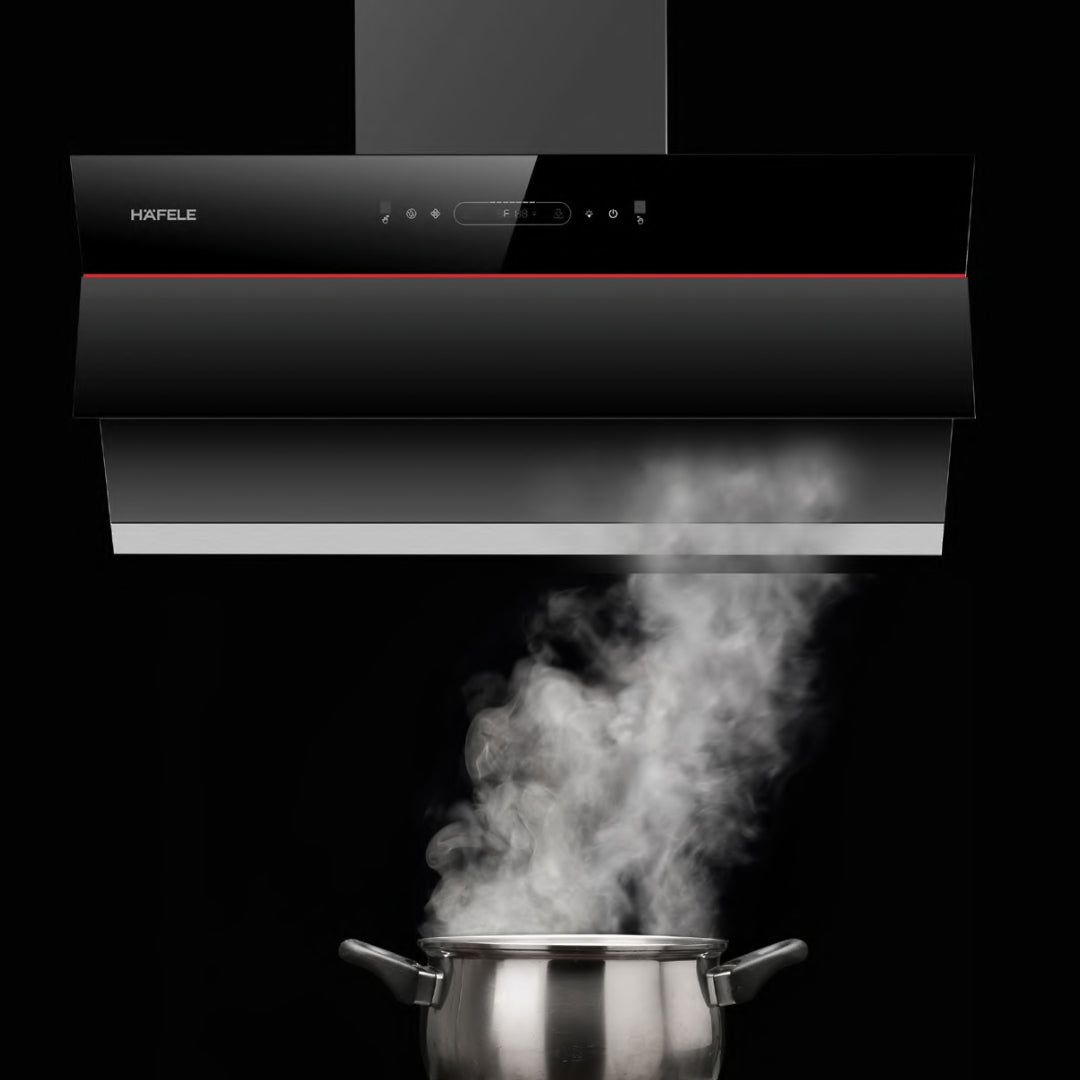 Hafele Built In Oven AURORA 80 + Hafele Built-In Microwave AURORA 25 + Hafele 60 cm Wall Mounted Chimney Essentia Series RENATA INCLINED 60 + Hafele 70 cm 4 Burner Hob Essentia Series AUGUSTA 470 + Hafele Free Standing Dishwasher AQUA NOIR 13 FS with 13 Place Settings