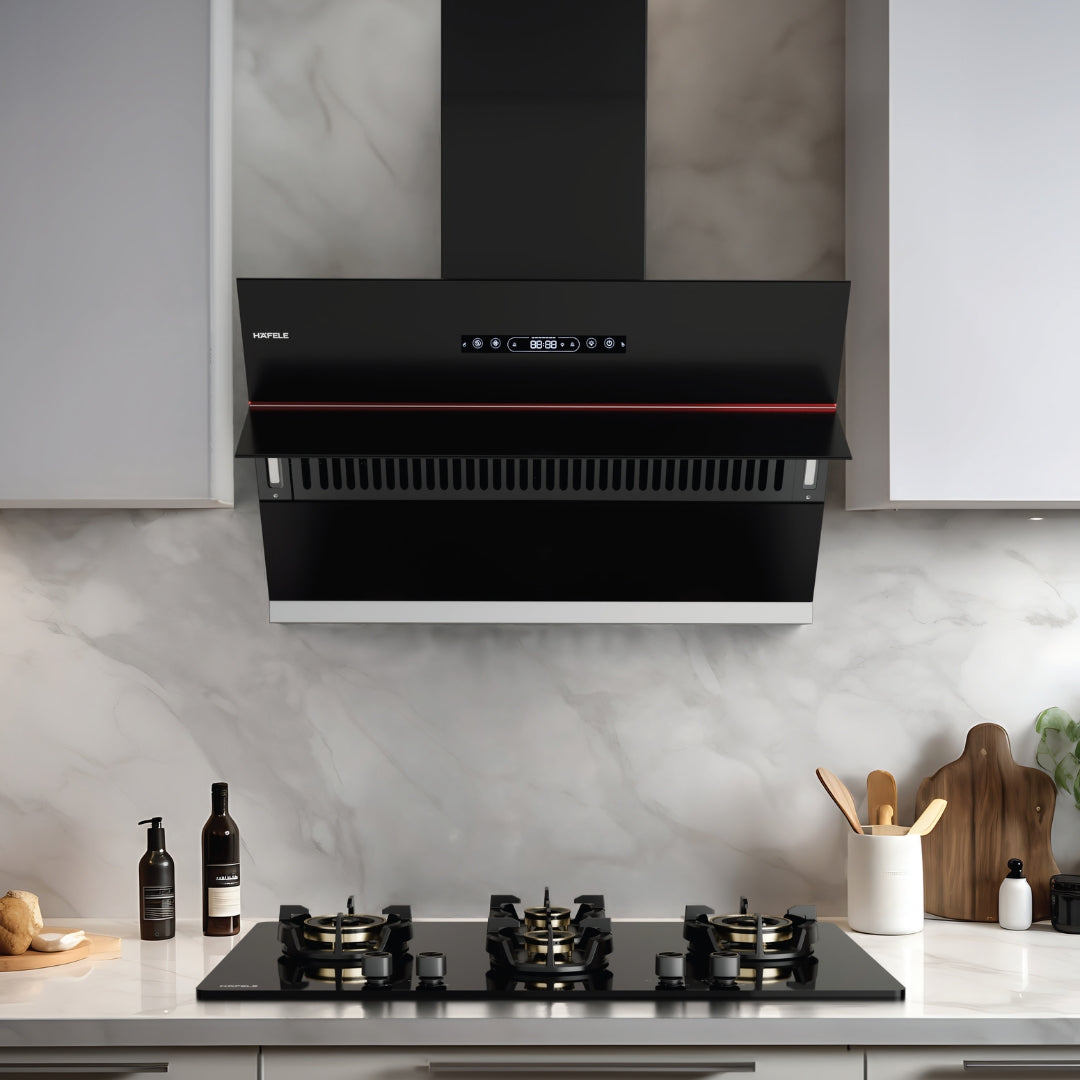 Hafele Built In Oven AURORA 80 + Hafele Built-In Microwave AURORA 25 + Hafele 60 cm Wall Mounted Chimney Essentia Series RENATA INCLINED 60 + Hafele 70 cm 4 Burner Hob Essentia Series AUGUSTA 470 + Hafele Free Standing Dishwasher AQUA NOIR 13 FS with 13 Place Settings