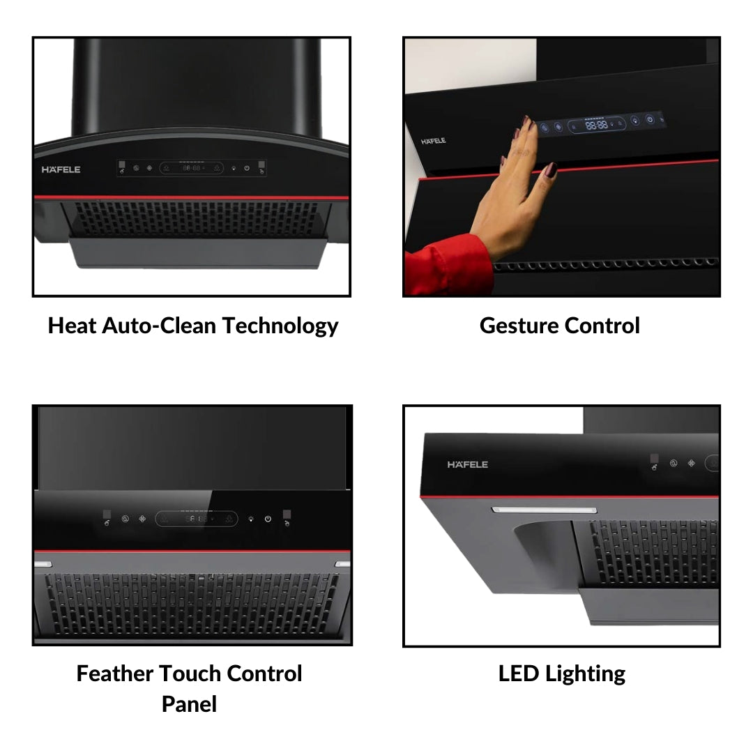 Hafele Built In Oven AURORA 80 + Hafele Built-In Microwave AURORA 25 + Hafele 90 cm Wall Mounted Chimney Essentia Series RENATA INCLINED 90 + Hafele 90 cm 4 Burner Hob Essentia Series AUGUSTA 490 + Hafele Free Standing Dishwasher AQUA NOIR 13 FS with 13 Place Settings