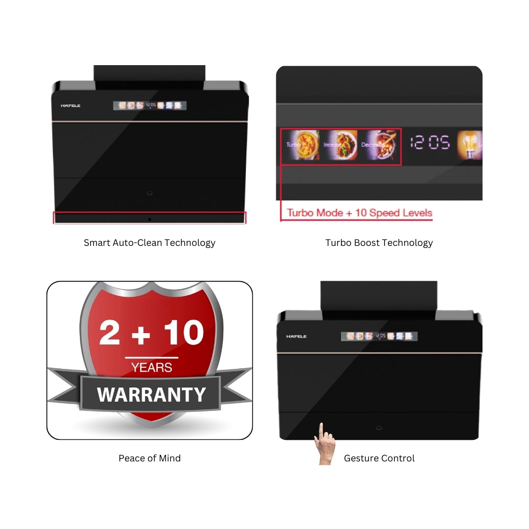 Hafele Built In Oven DIAMOND 77 BIO + Hafele Built-In Convection Microwave DIAMOND 34 MWO + Hafele 90 cm Wall Mounted Chimney TERESA NEO I-90 BLDC + Hafele 86 cm 4 Burner Hob Altius Plus Matt Series ALTIUS PLUS MATT GLASS 490