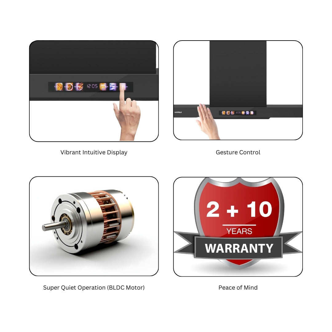 Hafele Built In Oven DIAMOND 77 BIO + Hafele Built-In Convection Microwave DIAMOND 34 MWO + Hafele 90 cm Wall Mounted Chimney TERESA T-90 BLDC + Hafele 86 cm 4 Burner Hob Altius Series ALTIUS FS 490