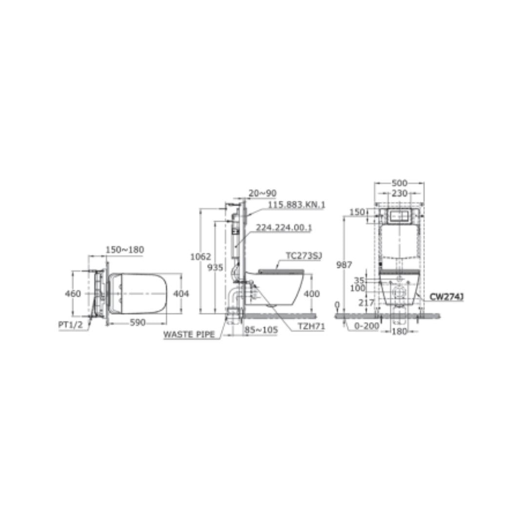 Toto Wall Hung White Closet WC Alisei Wall Hung Toilet CW274JWS#W with P-Trap