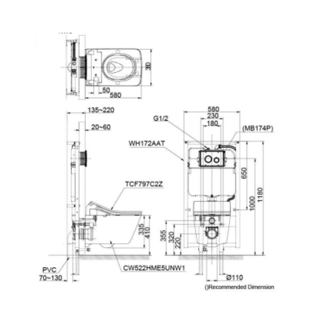 Toto Wall Hung White Closet WC Wall Hung Toilet CW522EMUNW1+TCF797C2Z#NW1 with P-Trap