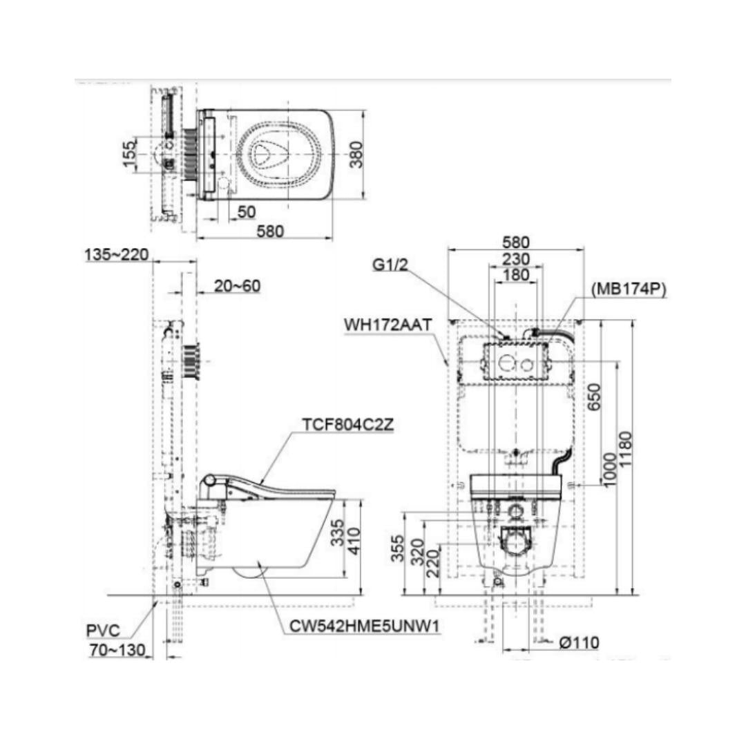 Toto Wall Hung White Closet WC Wall Hung Toilet CW522EMUNW1+TCF804C2Z#NW1 with P-Trap
