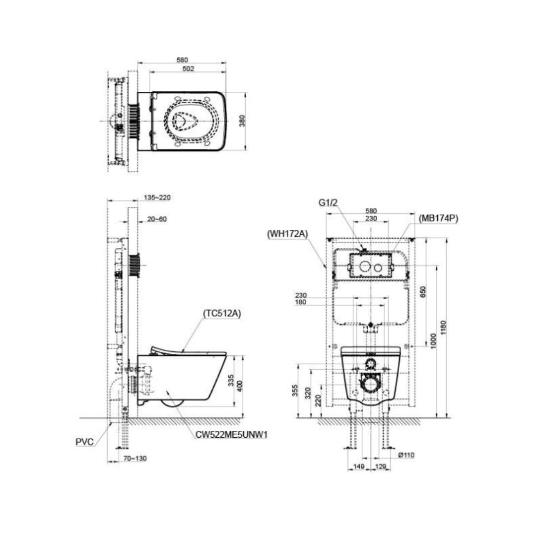 Toto Wall Hung White Closet WC Sp Wall Hung Toilet CW522MUNW1 with P-Trap