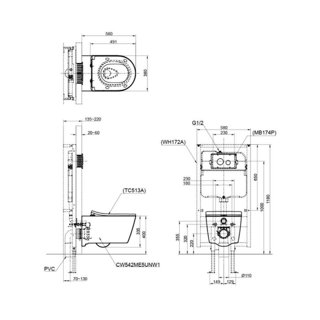 Toto Wall Hung White Closet WC Rp Wall Hung Toilet CW542MUNW1 with P-Trap