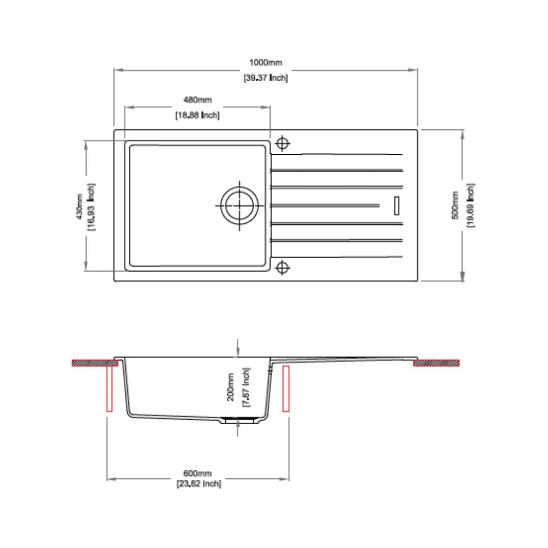 Carysil Quartz Sink Tip Toe TIP TOE D 100 L ( 40 x 20 inches ) - Nera