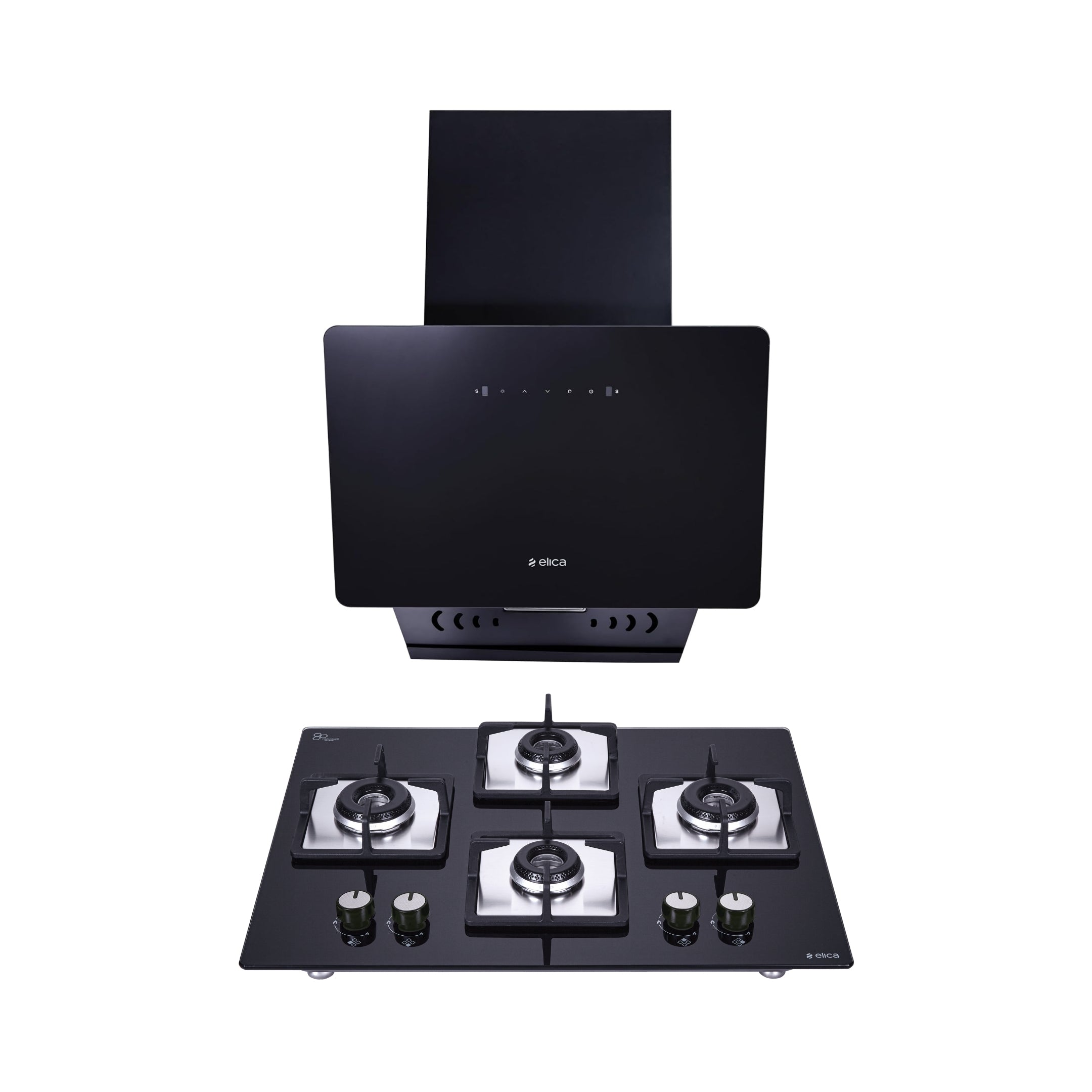 Elica 60 cm Wall Mounted Chimney KITTY FL 600 HAC LTW MS NERO + Elica 60 cm 4 Burner Hob Flexi Series FLEXI HCT 460 DX LOTUS BK