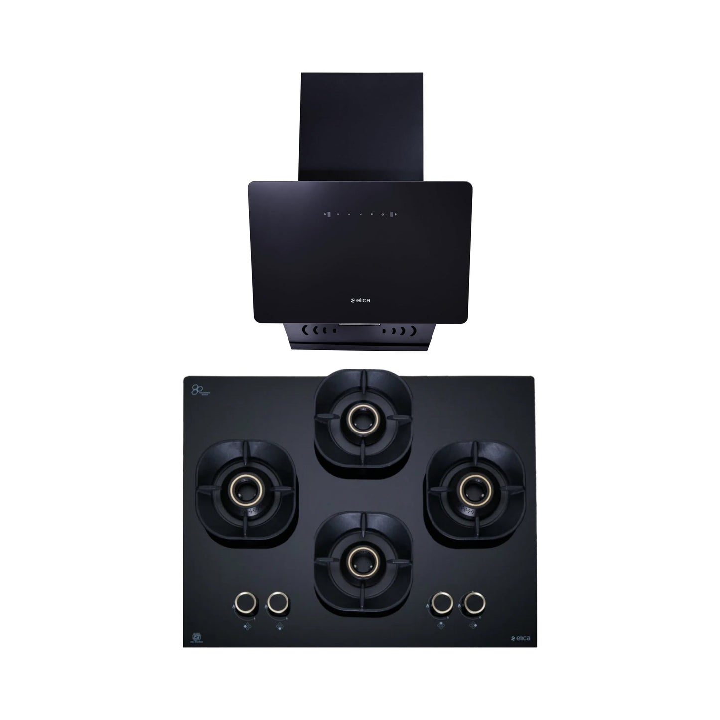 Elica 60 cm Wall Mounted Chimney KITTY FL 600 HAC LTW MS NERO + Elica 60 cm 4 Burner Hob Crown Lotus Series CROWN FLEXI 460 LOTUS IND HD BRASS