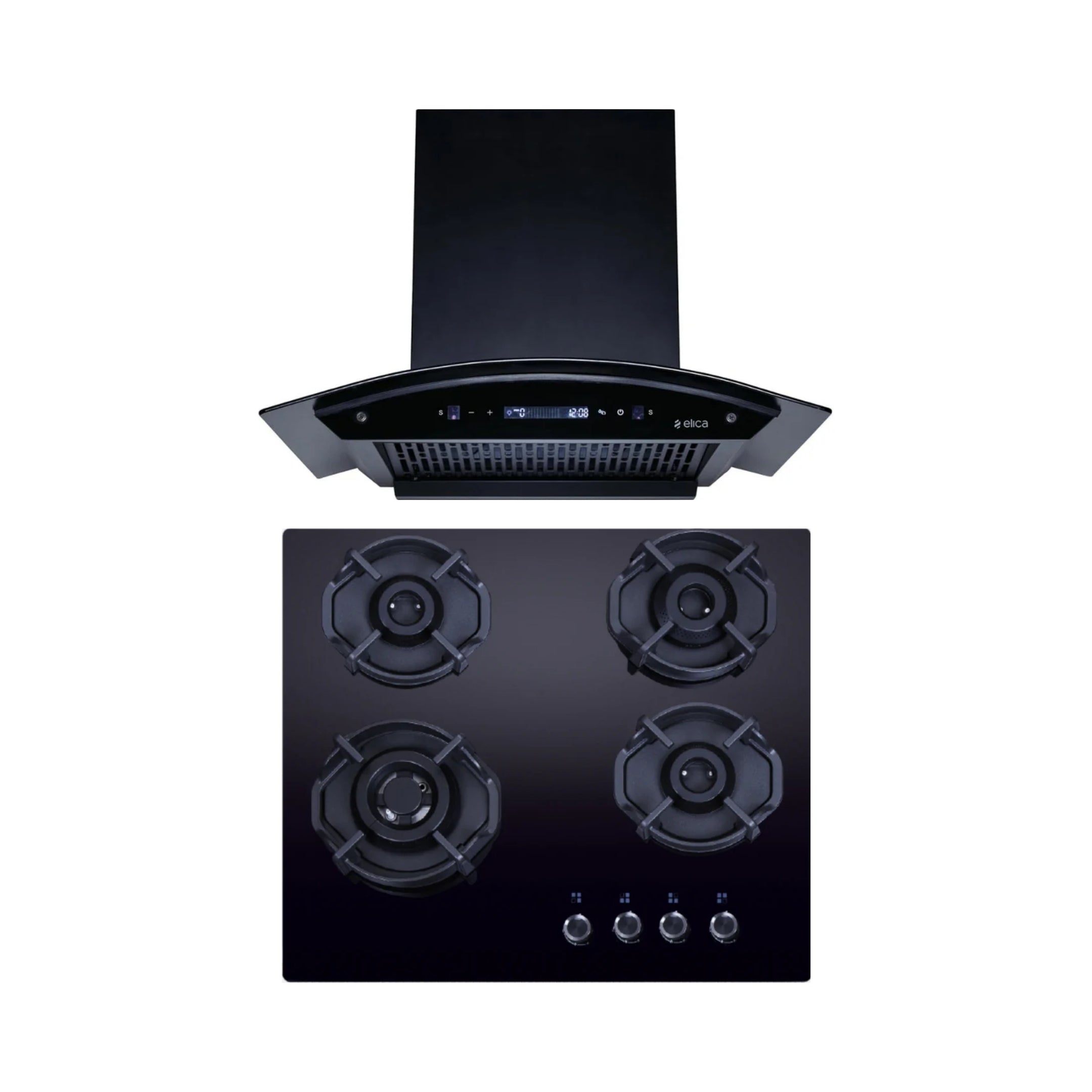 Elica 60 cm Wall Mounted Chimney CURVE FL 600 BLDC HAC LTW MS NERO + Elica 60 cm 4 Burner Hob Hexa IND Lotus FLEXI HEXA 460 LOTUS IND HD BRASS