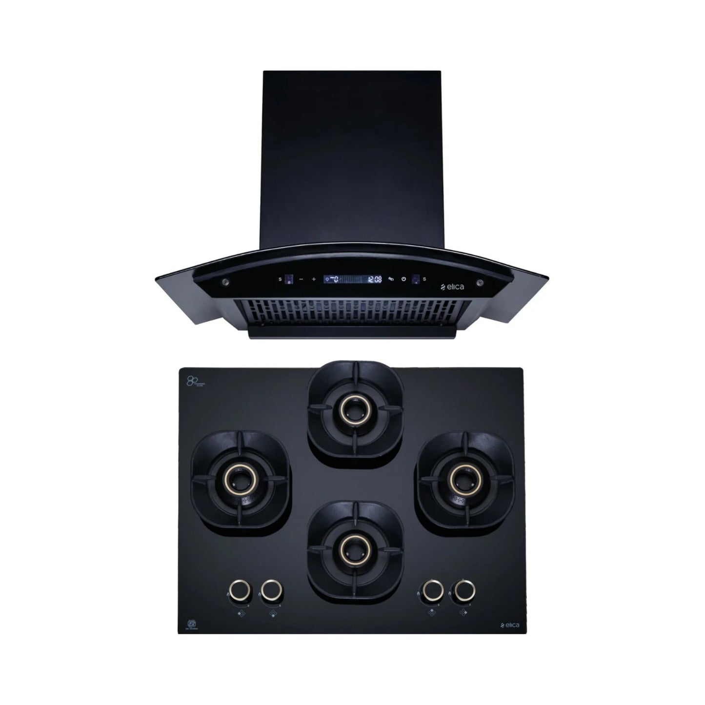 Elica 60 cm Wall Mounted Chimney CURVE FL 600 BLDC HAC LTW MS NERO + Elica 60 cm 4 Burner Hob Crown Lotus Series CROWN FLEXI 460 LOTUS IND HD BRASS