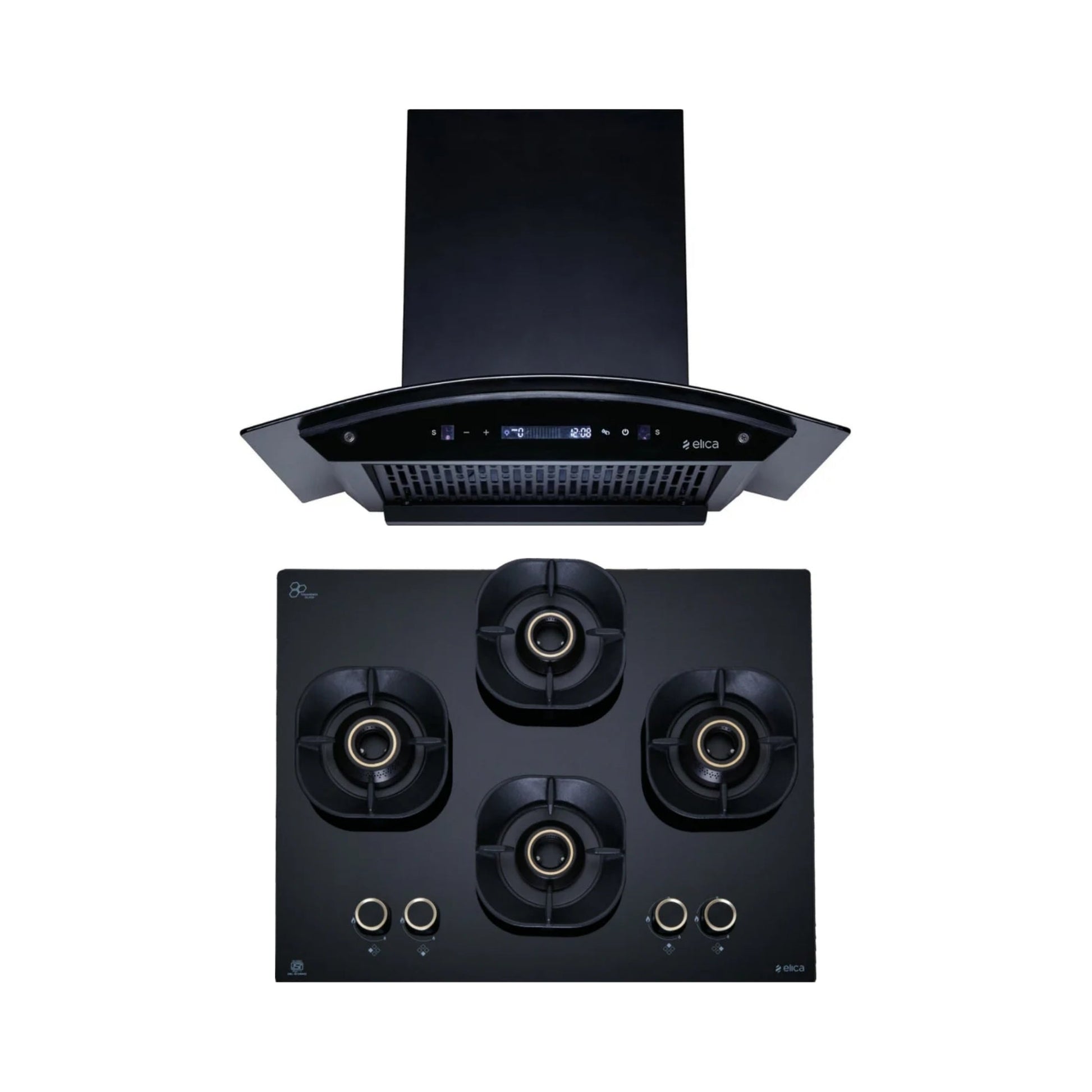 Elica 60 cm Wall Mounted Chimney CURVE FL 600 BLDC HAC LTW MS NERO + Elica 60 cm 4 Burner Hob Crown Lotus Series CROWN FLEXI 460 LOTUS IND HD BRASS