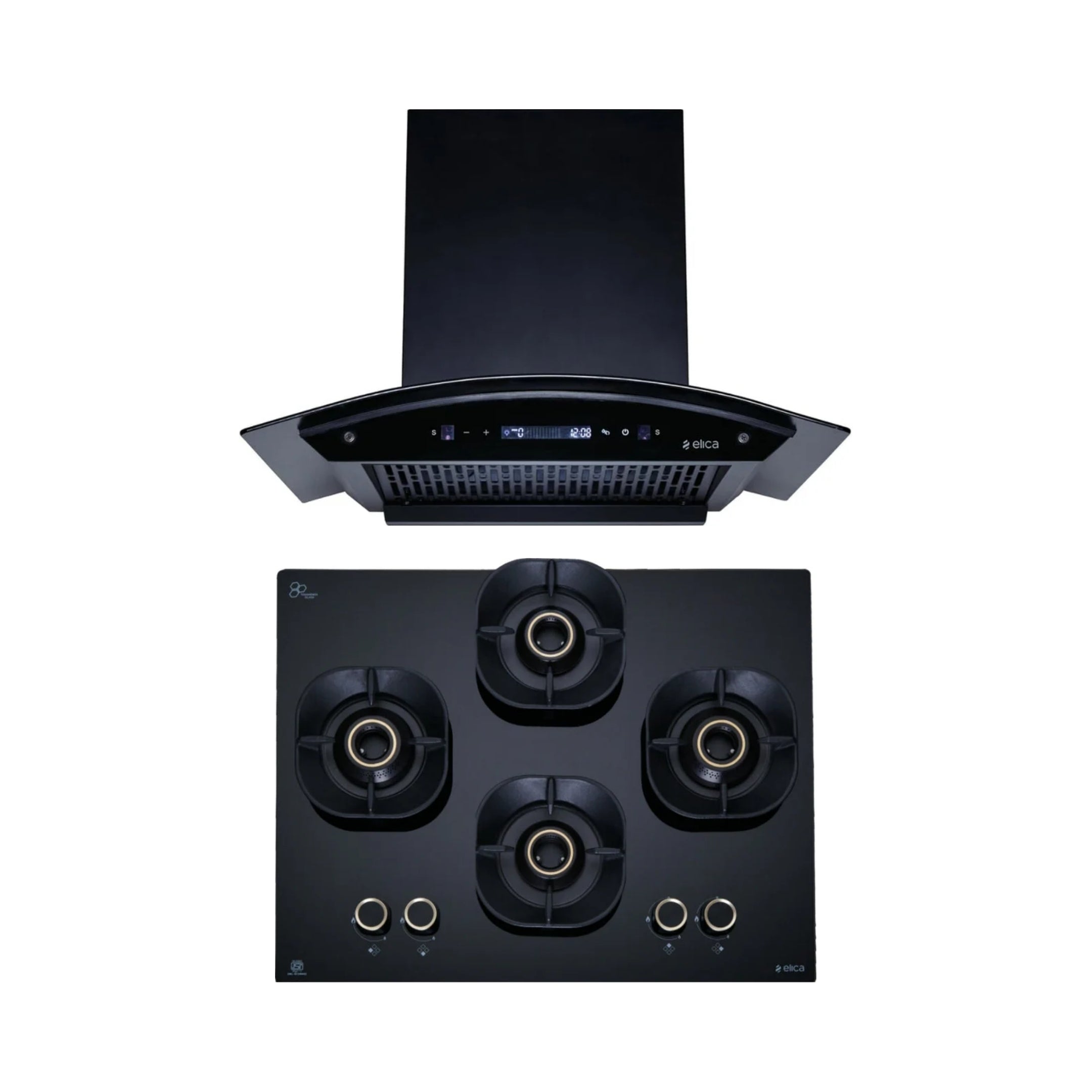Elica 60 cm Wall Mounted Chimney CURVE FL 600 BLDC HAC LTW MS NERO + Elica 60 cm 4 Burner Hob Crown Lotus Series CROWN FLEXI 460 LOTUS IND HD BRASS