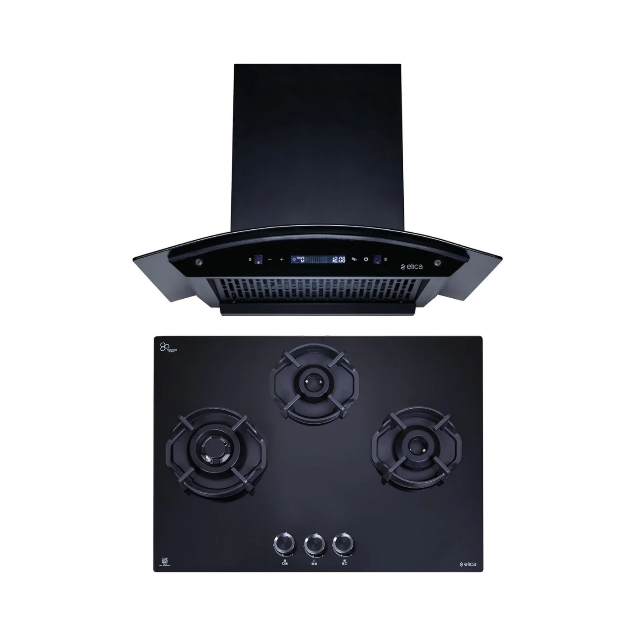 Elica 60 cm Wall Mounted Chimney CURVE FL 600 BLDC HAC LTW MS NERO + Elica 60 cm 3 Burner Hob Hexa IND Lotus FLEXI HEXA 360 LOTUS IND HD BRASS