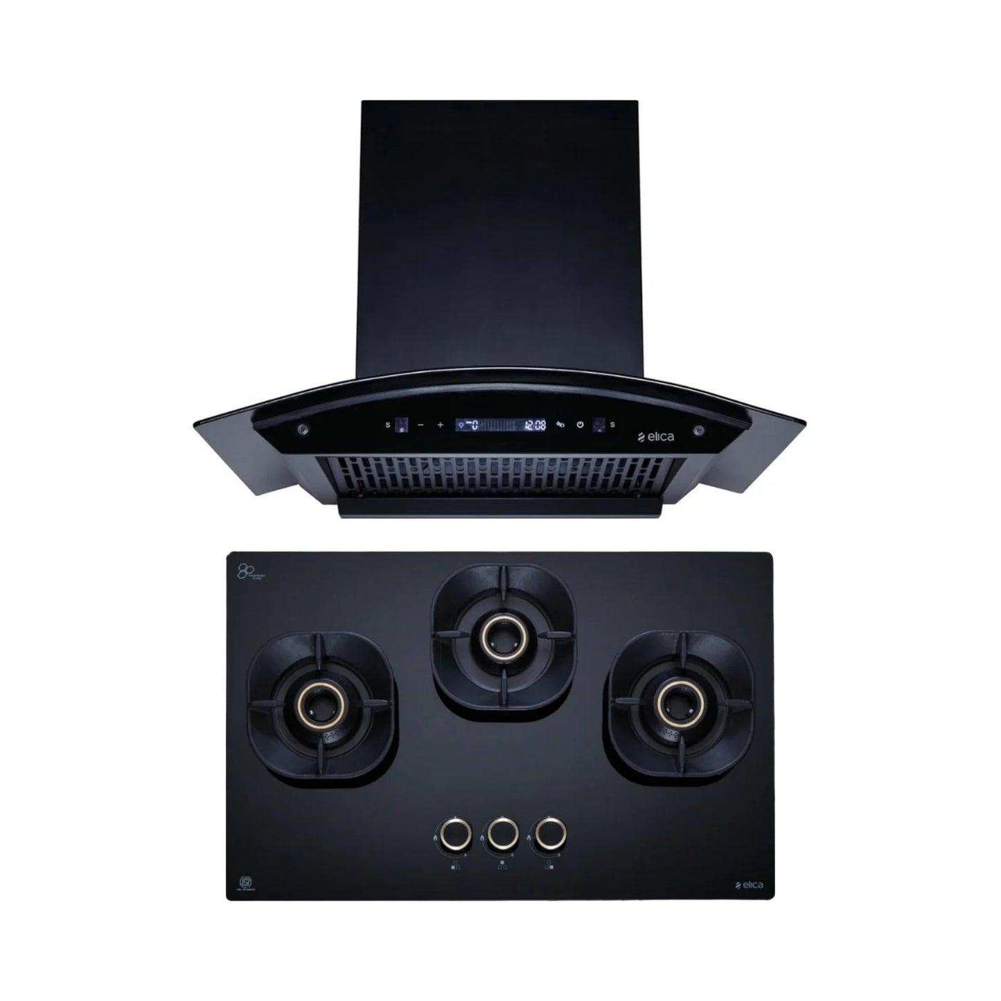 Elica 60 cm Wall Mounted Chimney CURVE FL 600 BLDC HAC LTW MS NERO + Elica 60 cm 3 Burner Hob Crown Lotus Series CROWN FLEXI 360 LOTUS IND HD BRASS