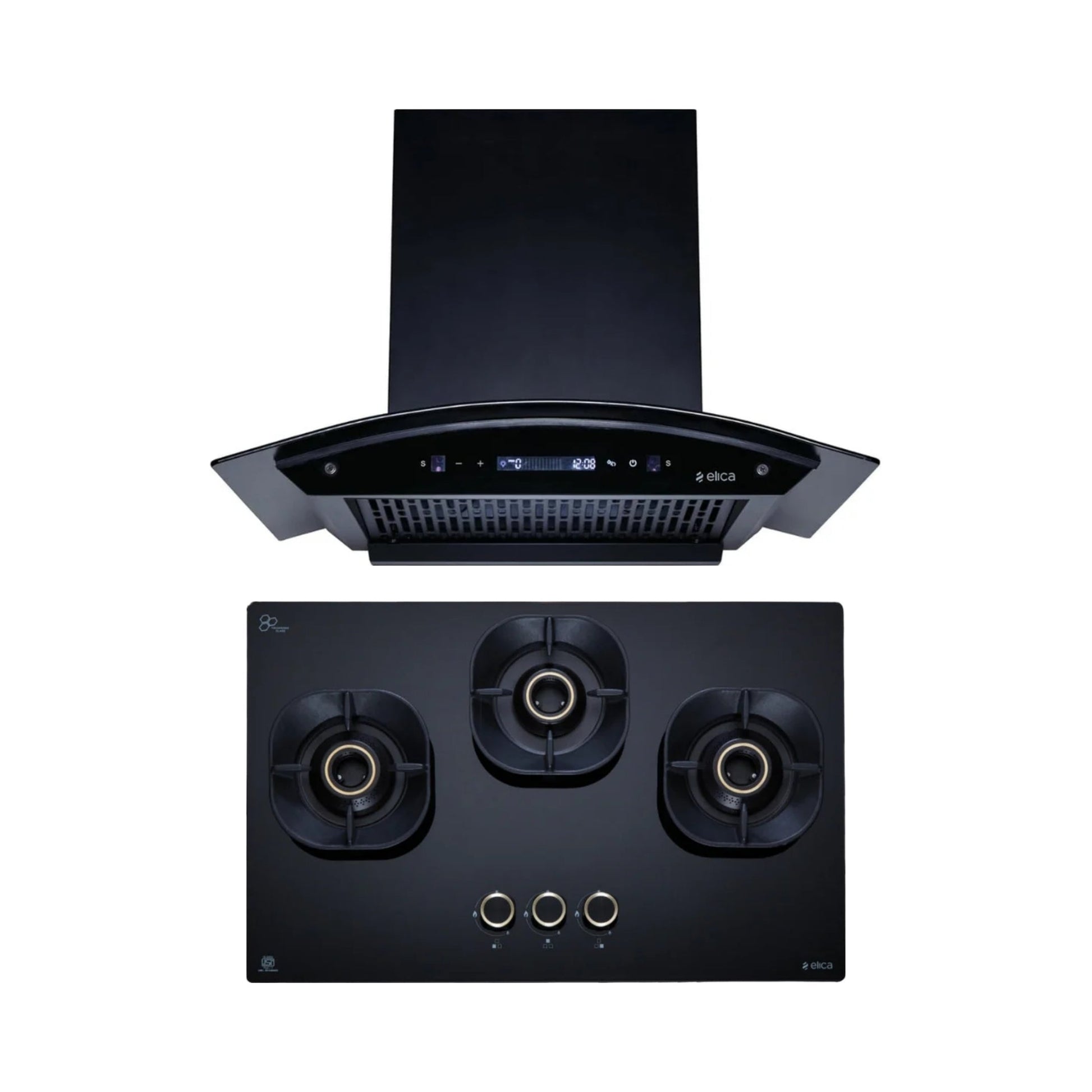 Elica 60 cm Wall Mounted Chimney CURVE FL 600 BLDC HAC LTW MS NERO + Elica 60 cm 3 Burner Hob Crown Lotus Series CROWN FLEXI 360 LOTUS IND HD BRASS