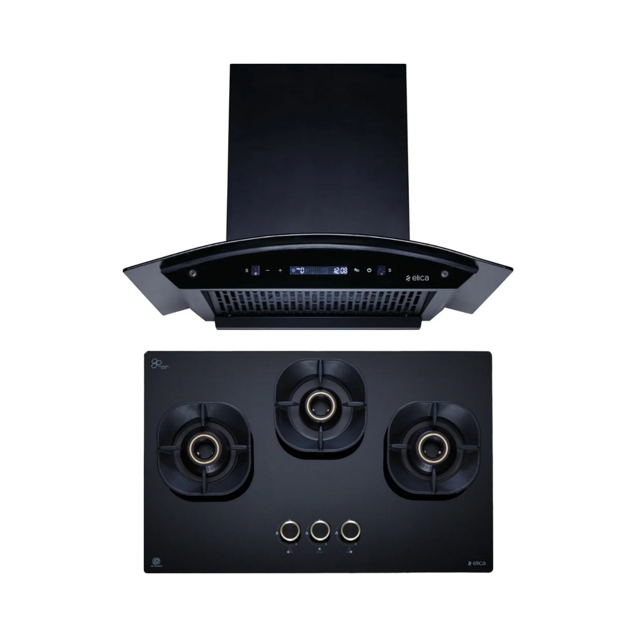 Elica 60 cm Wall Mounted Chimney CURVE FL 600 BLDC HAC LTW MS NERO + Elica 60 cm 3 Burner Hob Crown Lotus Series CROWN FLEXI 360 LOTUS IND HD BRASS