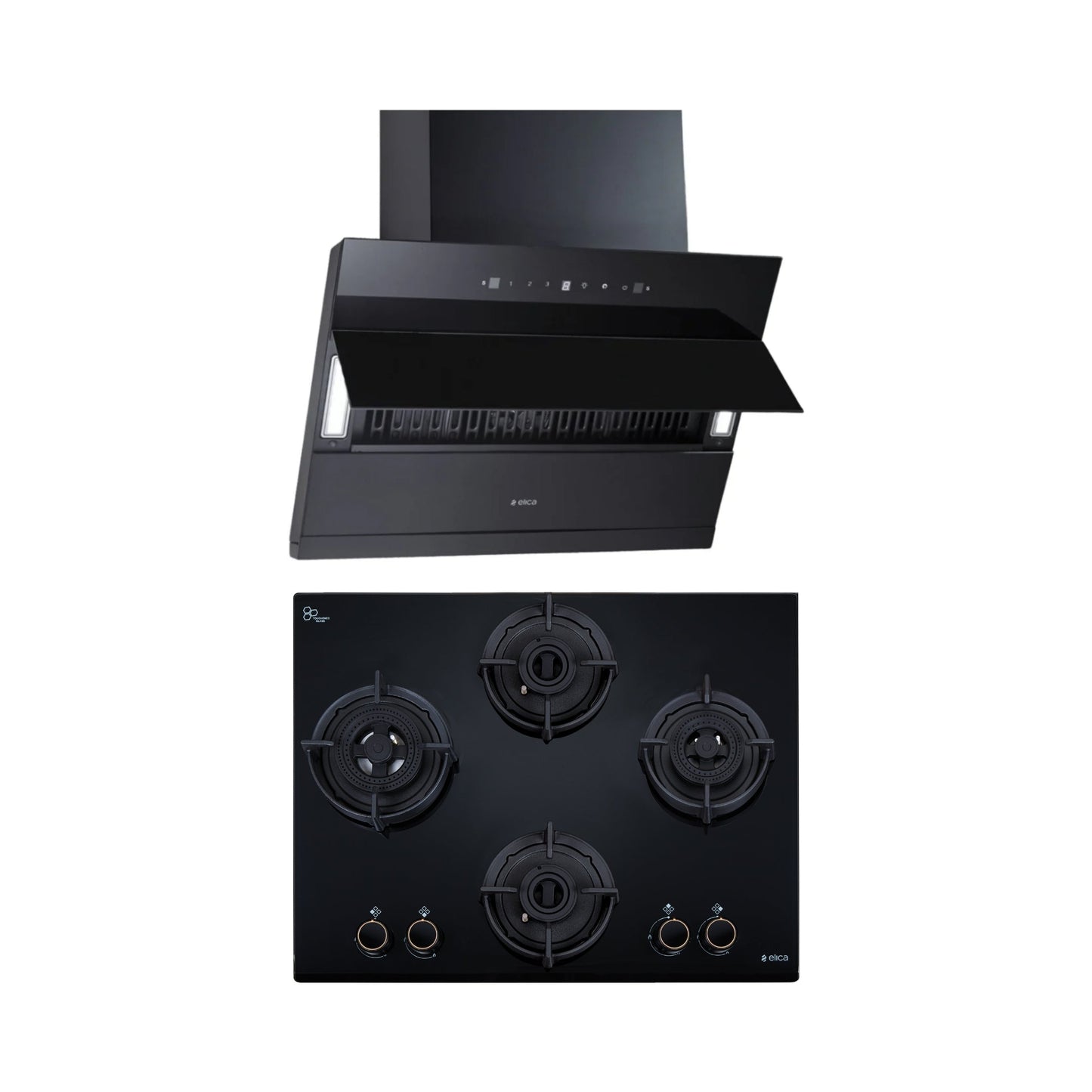 Elica 60 cm Wall Mounted Chimney EFL 3V 601 HAC LTW MS NERO + Elica 60 cm 4 Burner Hob DFS AB Series FLEXI DFS AB 4B 60 DX