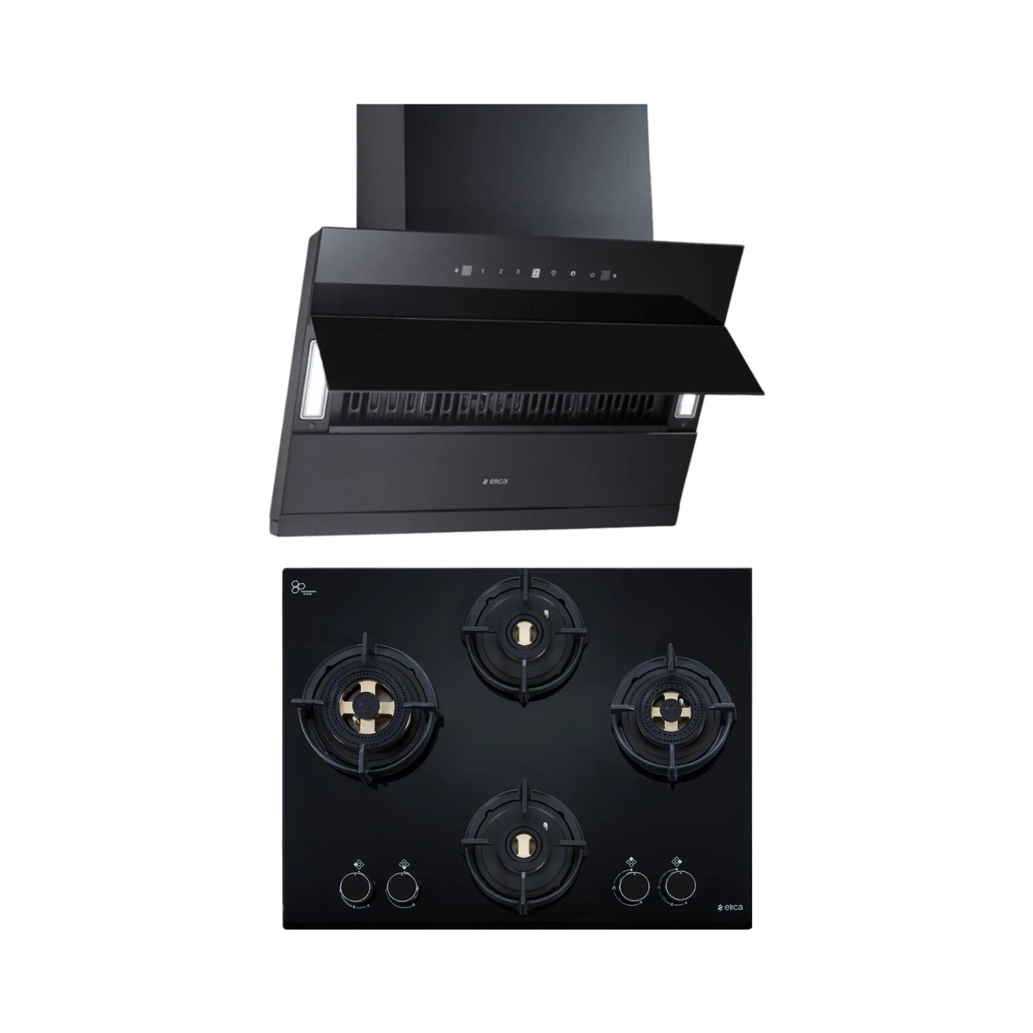 Elica 60 cm Wall Mounted Chimney EFL 3V 601 HAC LTW MS NERO + Elica 60 cm 4 Burner Hob Direct Flame Series FLEXI DFS FB 4B 60 DX