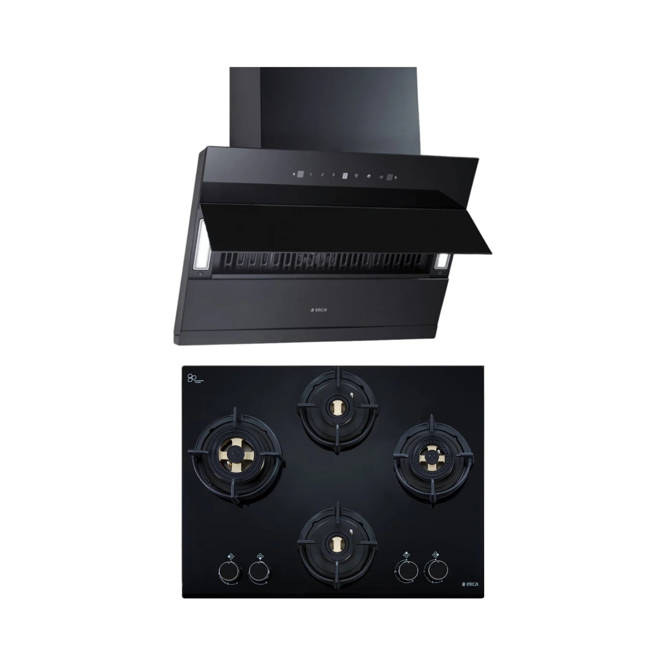 Elica 60 cm Wall Mounted Chimney EFL 3V 601 HAC LTW MS NERO + Elica 60 cm 4 Burner Hob Direct Flame Series FLEXI DFS FB 4B 60 DX
