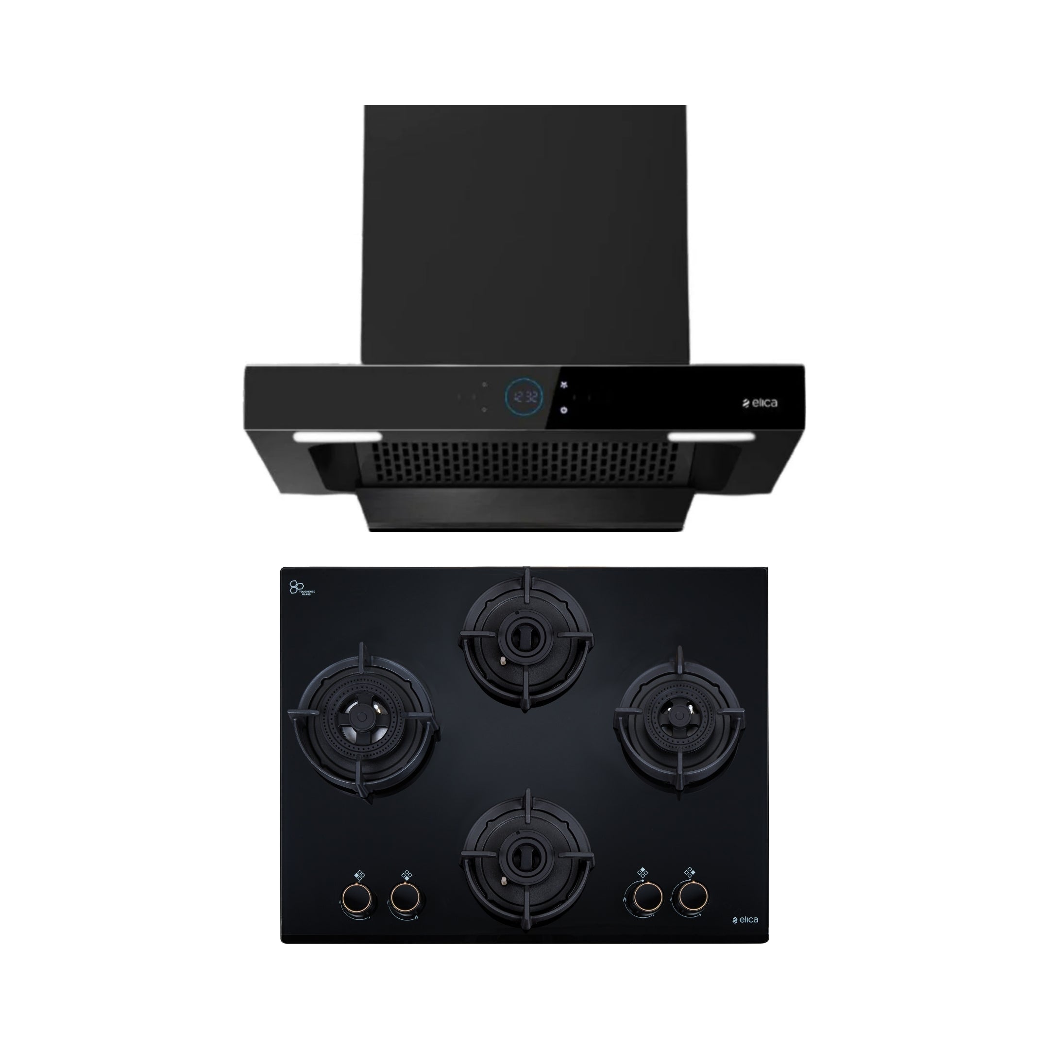 Elica 60 cm Wall Mounted Chimney Ismart Series ISMART SPOT FL HAC 60 LTW NERO + Elica 60 cm 4 Burner Hob DFS AB Series FLEXI DFS AB 4B 60 DX