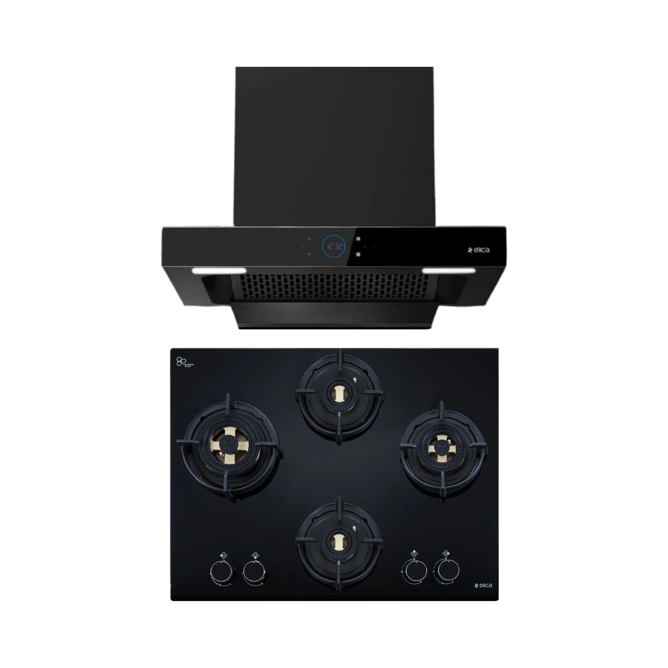 Elica 60 cm Wall Mounted Chimney Ismart Series ISMART SPOT FL HAC 60 LTW NERO + Elica 60 cm 4 Burner Hob Direct Flame Series FLEXI DFS FB 4B 60 DX