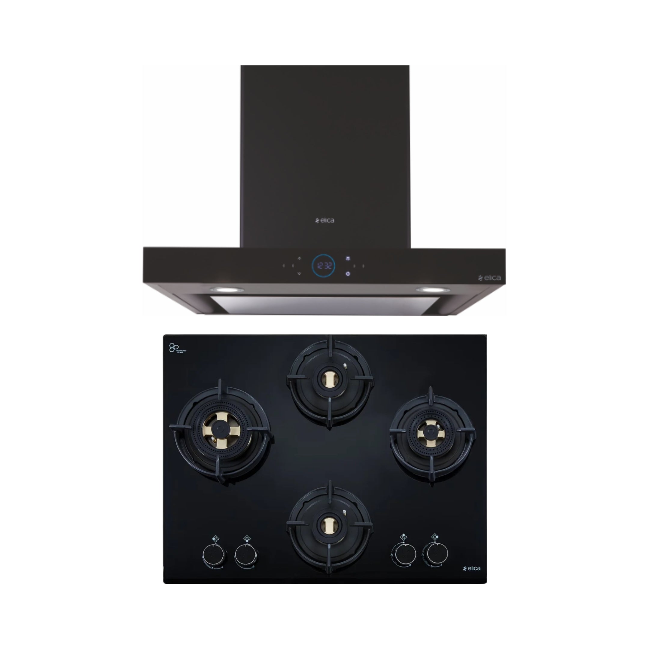 Elica 60 cm Wall Mounted Chimney Ismart Series ISMART SPOT H6 EDS LTW 60 NERO + Elica 60 cm 4 Burner Hob Direct Flame Series FLEXI DFS FB 4B 60 DX