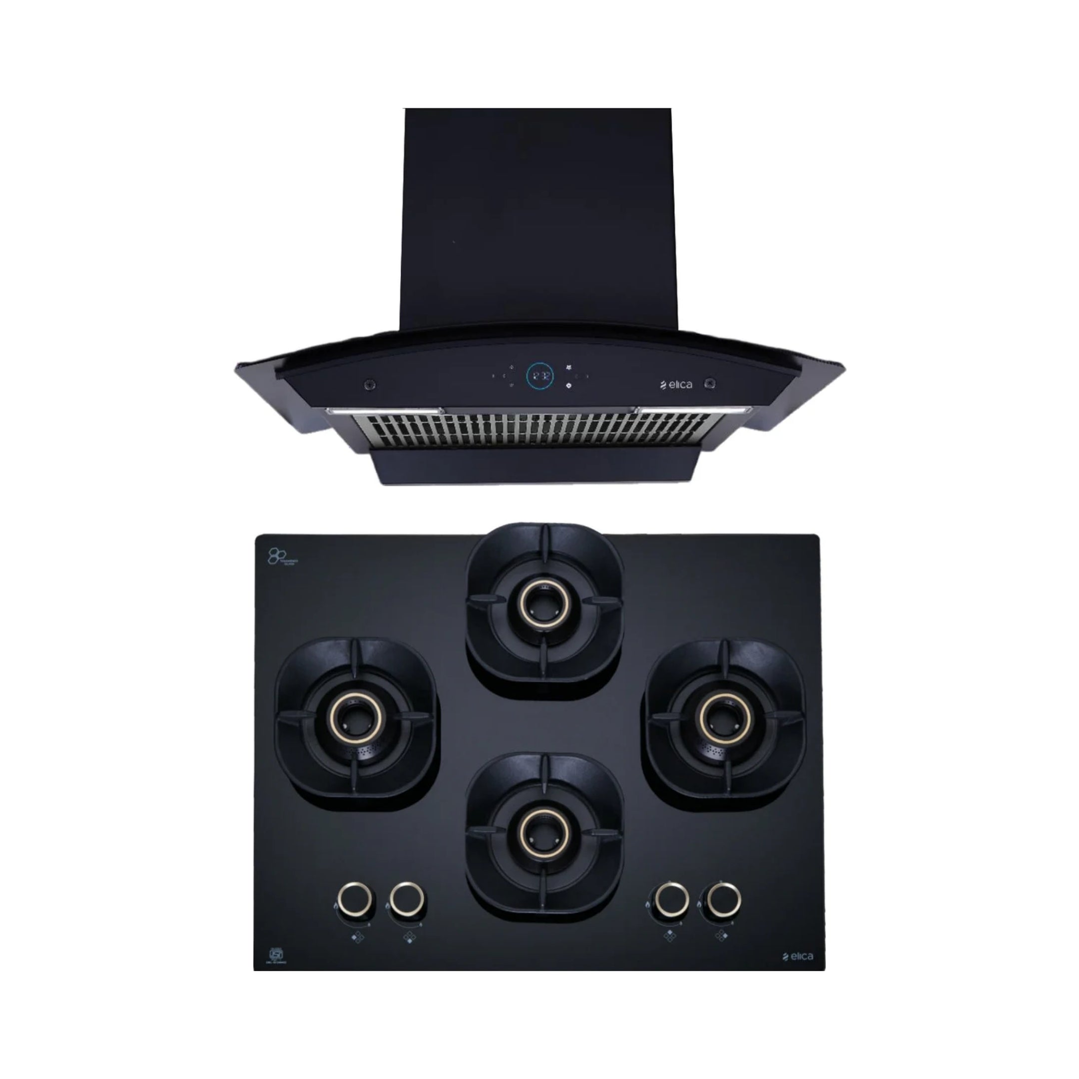 Elica 60 cm Wall Mounted Chimney Ismart Series ISMART GLACE FL HAC 60 LTW NERO + Elica 60 cm 4 Burner Hob Crown Lotus Series CROWN FLEXI 460 LOTUS IND HD BRASS
