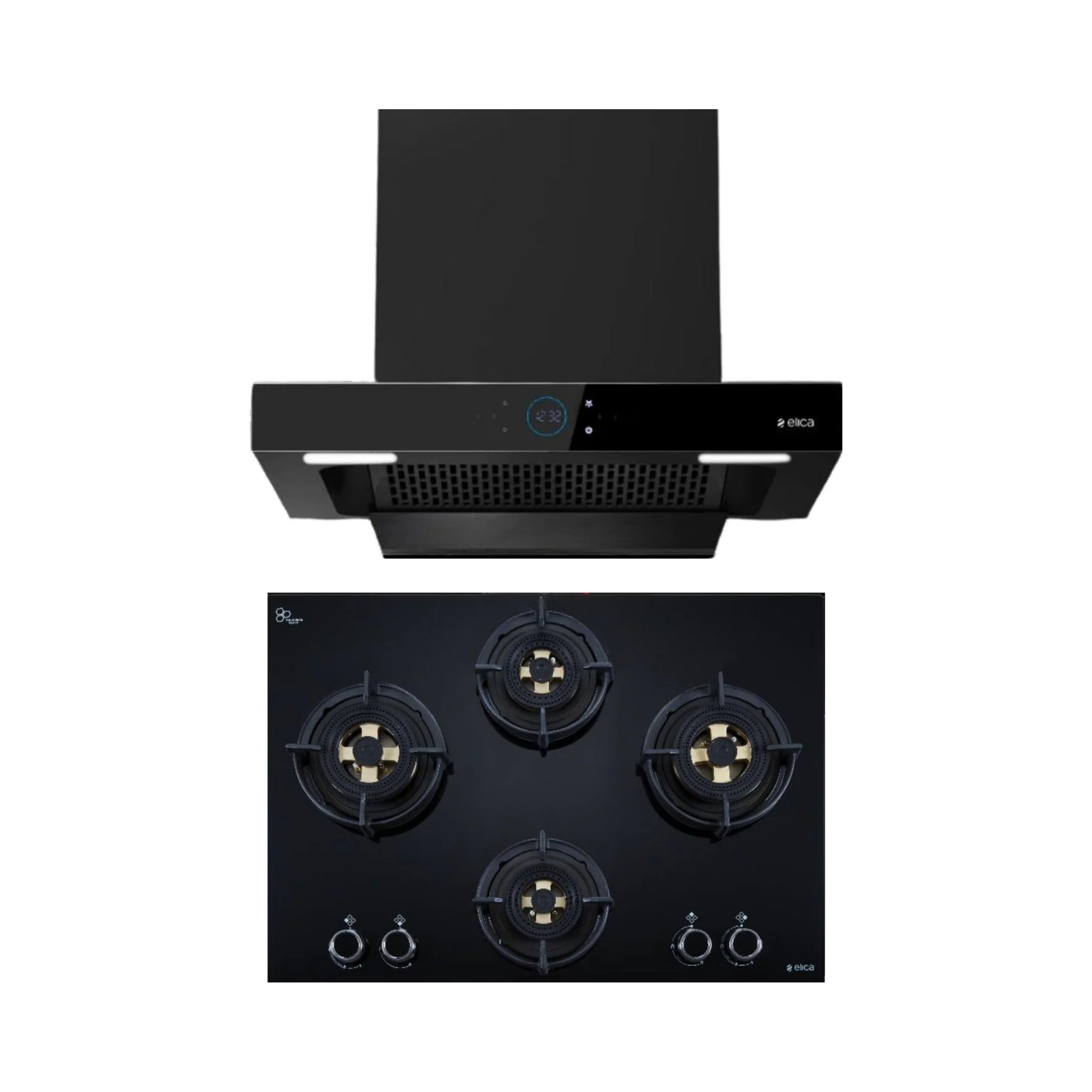 Elica 60 cm Wall Mounted Chimney Ismart Series ISMART SPOT FL HAC 60 LTW NERO + Elica 70 cm 4 Burner Hob Direct Flame Series DFS FB MFC 4B 70