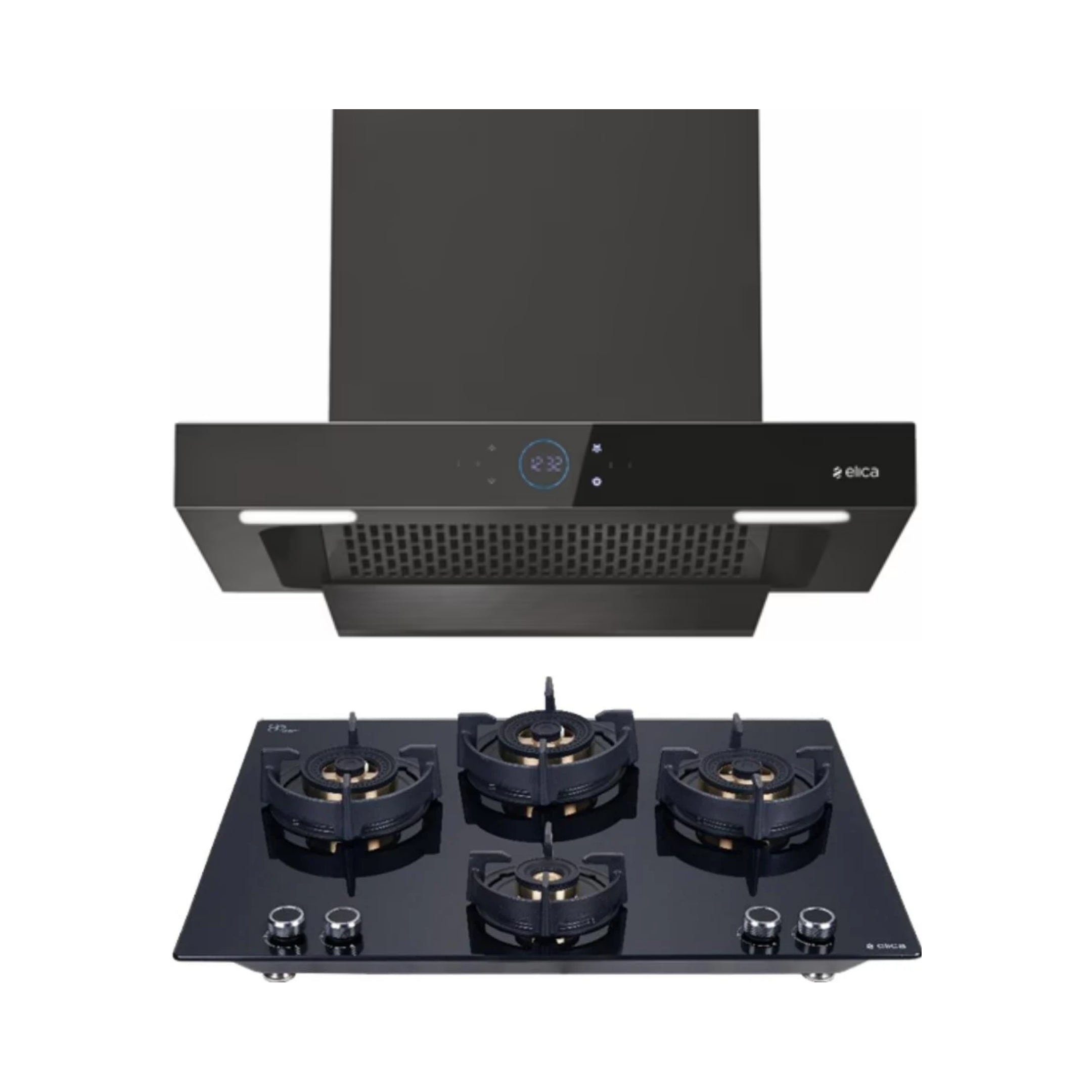 Elica 60 cm Wall Mounted Chimney Ismart Series ISMART SPOT FL HAC 60 LTW NERO + Elica 70 cm 4 Burner Hob Direct Flame Series FLEXI DFS FB 4B 70 TX