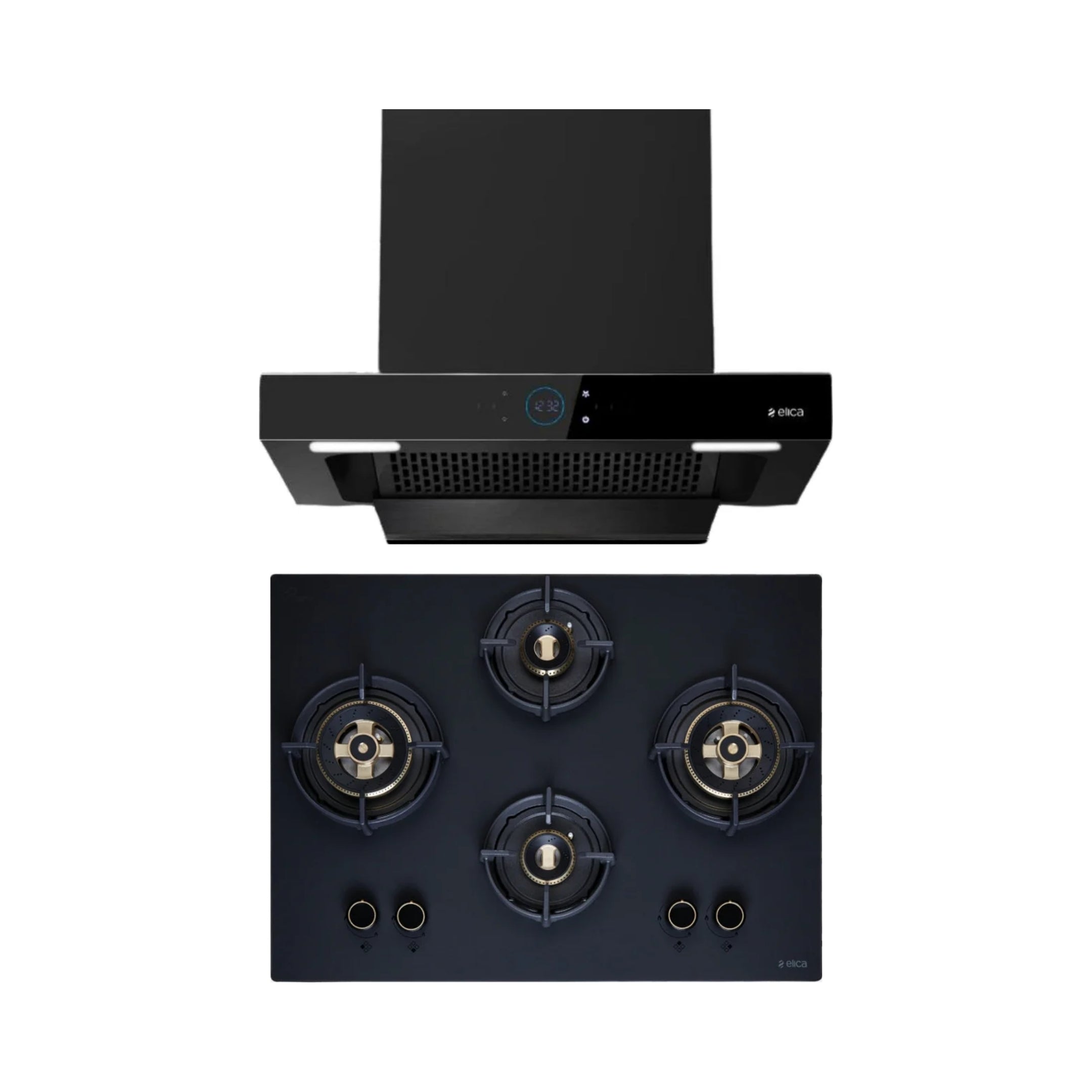 Elica 60 cm Wall Mounted Chimney Ismart Series ISMART SPOT FL HAC 60 LTW NERO + Elica 70 cm 4 Burner Hob Matt Flexi DFS Series MATT FLEXI DFS HE FB 4B 70 DX