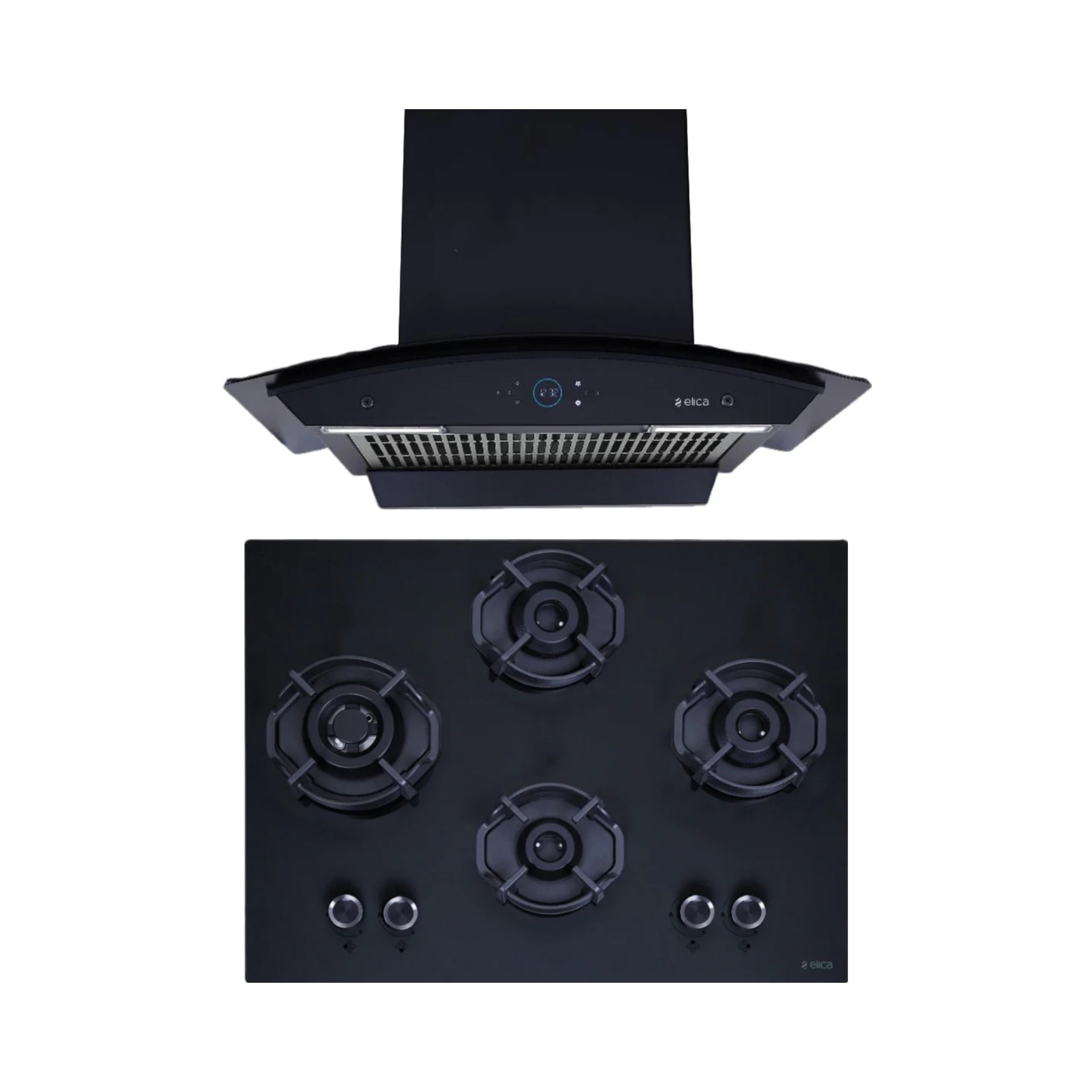 Elica 60 cm Wall Mounted Chimney Ismart Series ISMART GLACE FL HAC 60 LTW NERO + Elica 70 cm 4 Burner Hob Hexa IND Lotus MATT FLEXI HEXA 470 LOTUS IND HD BRASS