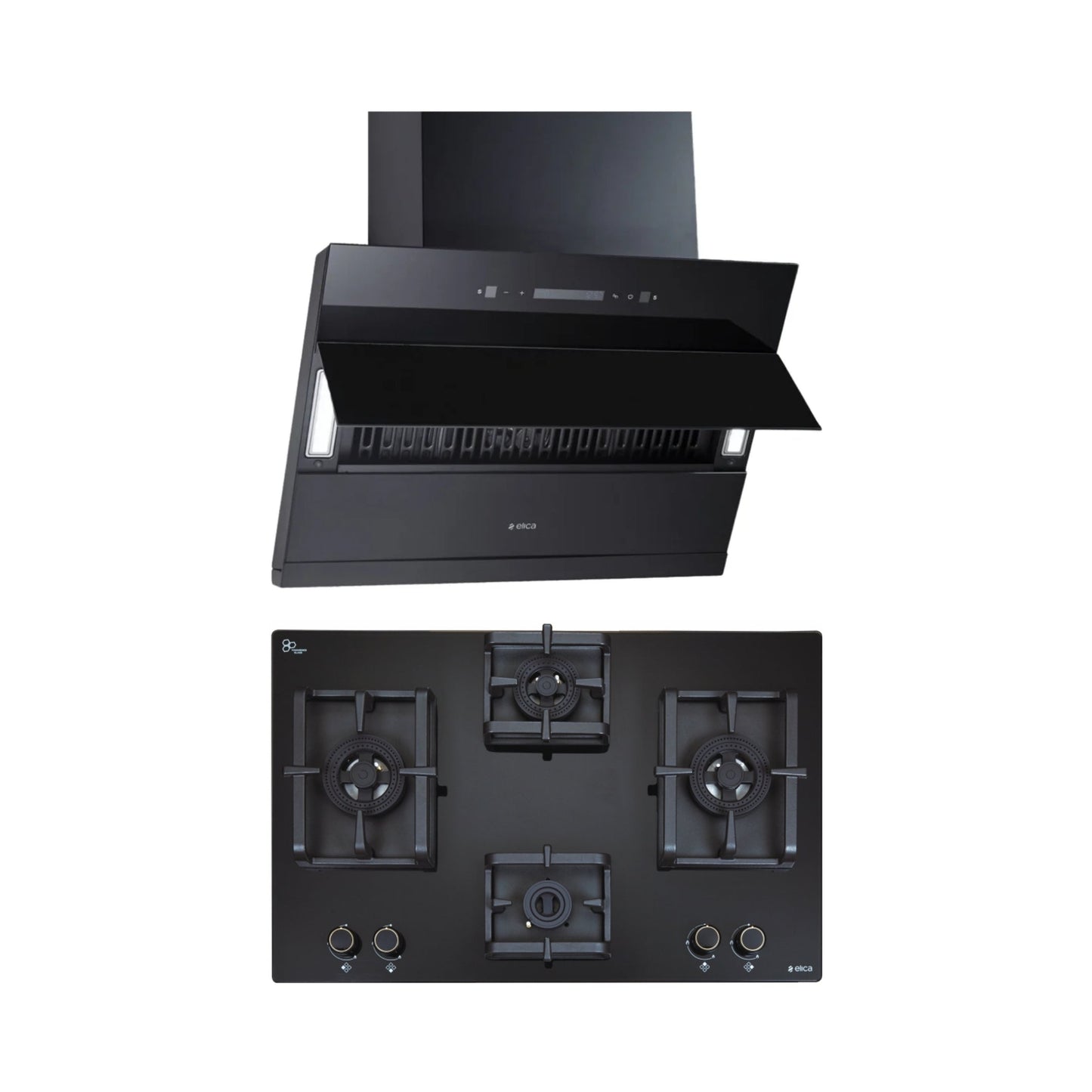 Elica 60 cm Wall Mounted Chimney EFL 3V 601 BLDC HAC LTW MS NERO + Elica 70 cm 4 Burner Hob DFS PRO AB Series FLEXI DFS PRO AB 4B 70 DX