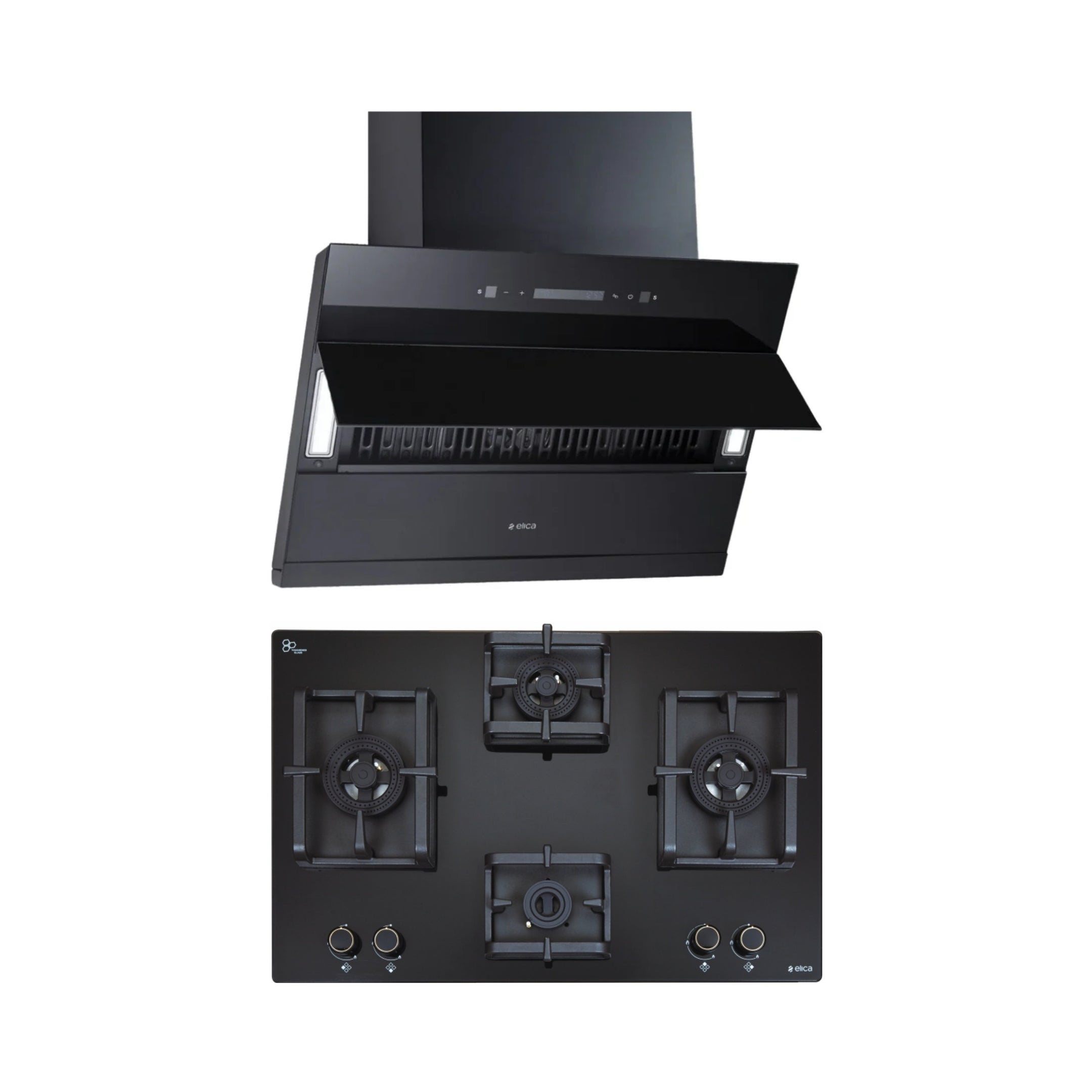 Elica 60 cm Wall Mounted Chimney EFL 3V 601 BLDC HAC LTW MS NERO + Elica 70 cm 4 Burner Hob DFS PRO AB Series FLEXI DFS PRO AB 4B 70 DX