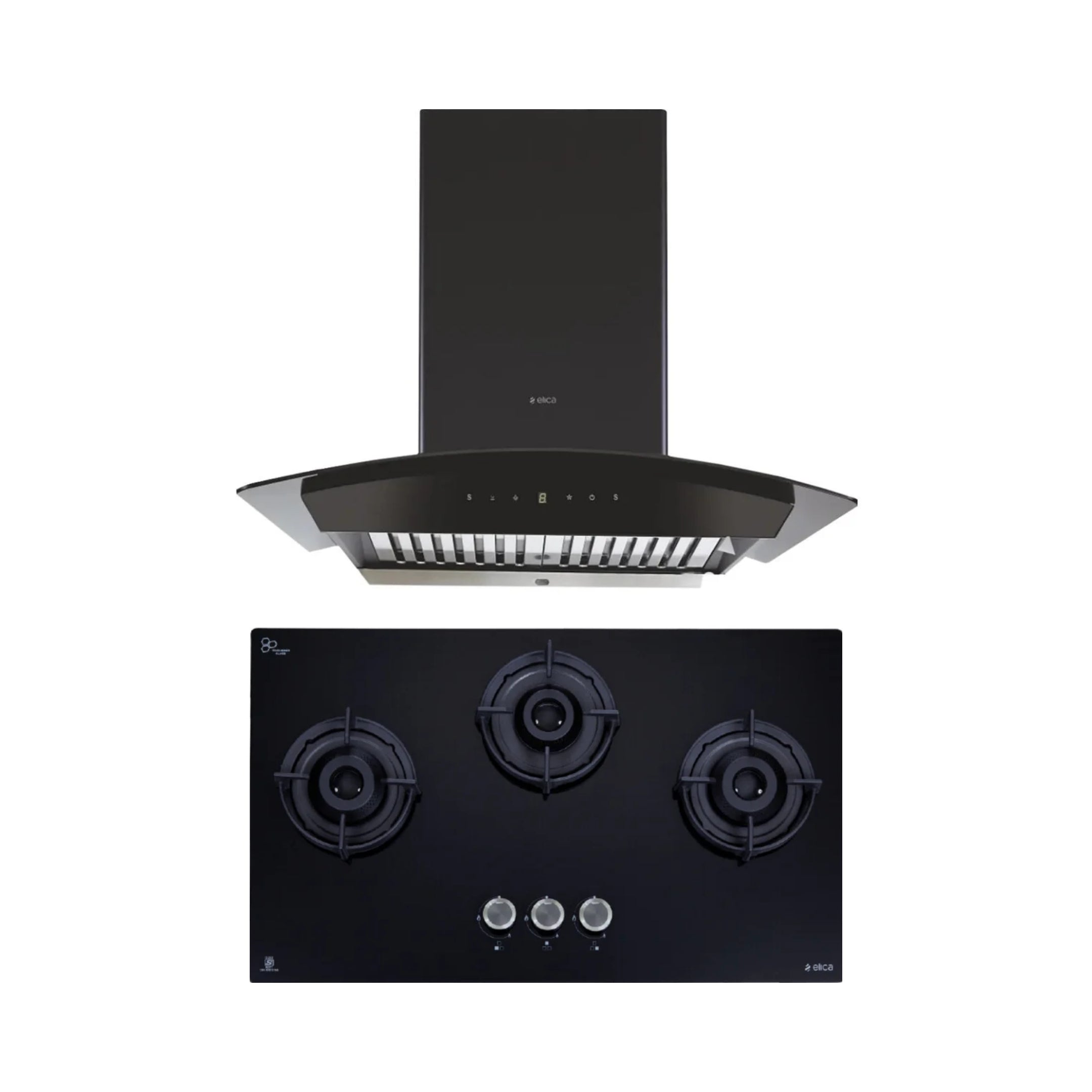 Elica 75 cm Wall Mounted Chimney WDAT HAC 75 MS NERO + Elica 75 cm 3 Burner Hob Lotus Series FLEXI 375 LOTUS IND HD BRASS