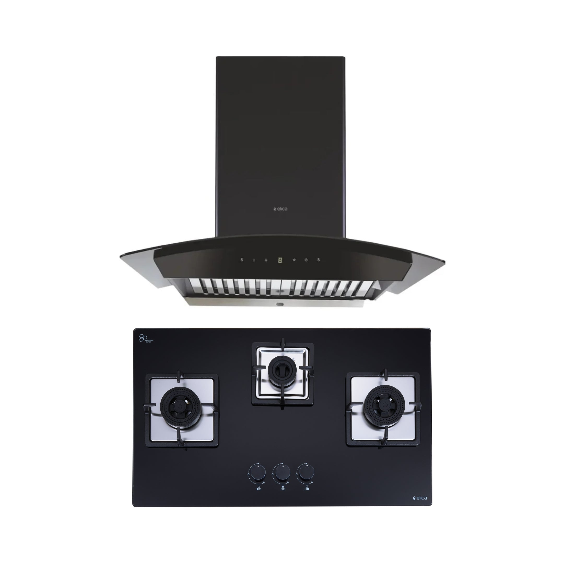 Elica 75 cm Wall Mounted Chimney WDAT HAC 75 MS NERO + Elica 75 cm 3 Burner Hob DFS AB Series IND FLEXI AB 375 DX DFS