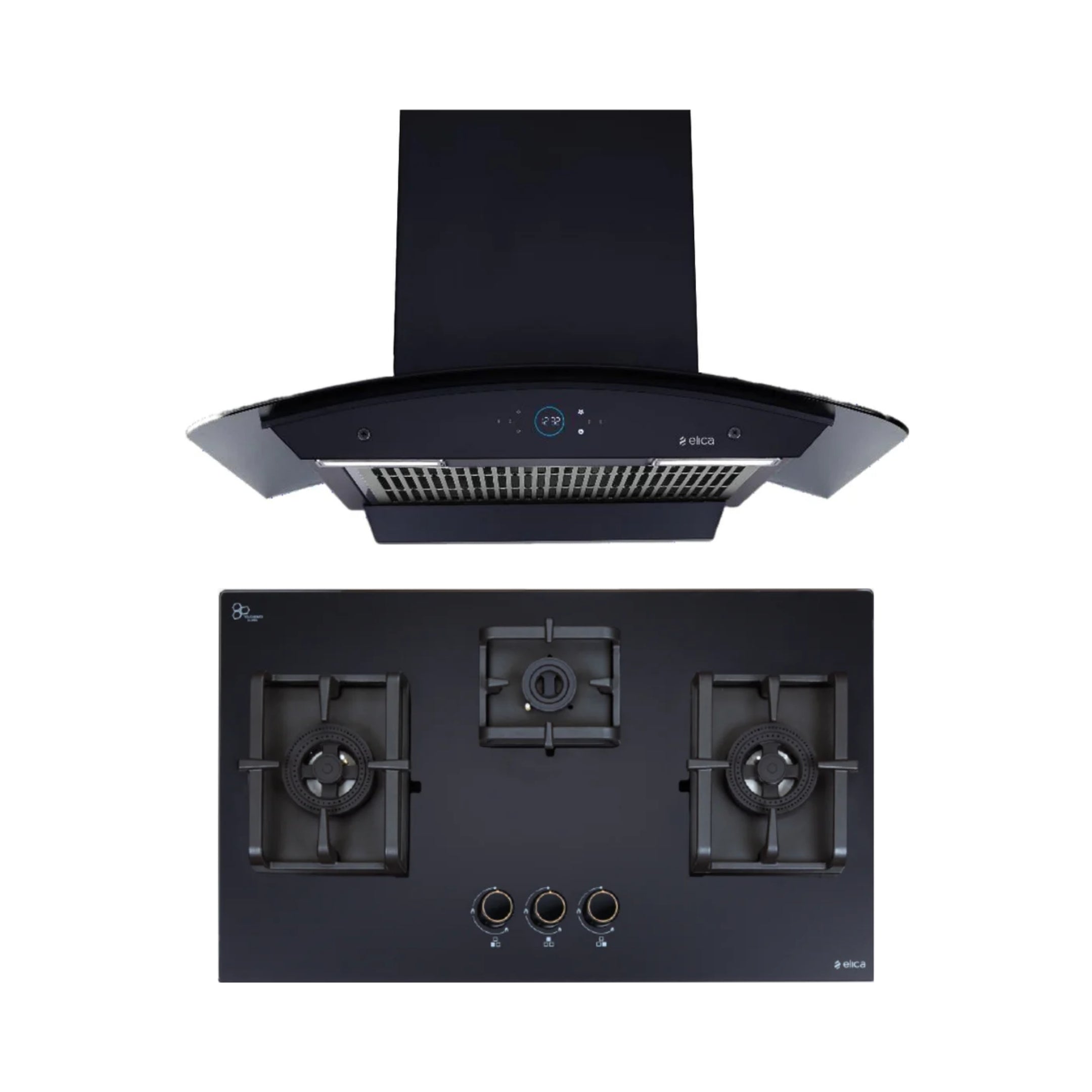 Elica 75 cm Wall Mounted Chimney Ismart Series ISMART GLACE FL HAC 75 LTW NERO + Elica 75 cm 3 Burner Hob DFS PRO AB Series FLEXI DFS PRO AB 3B 75 DX