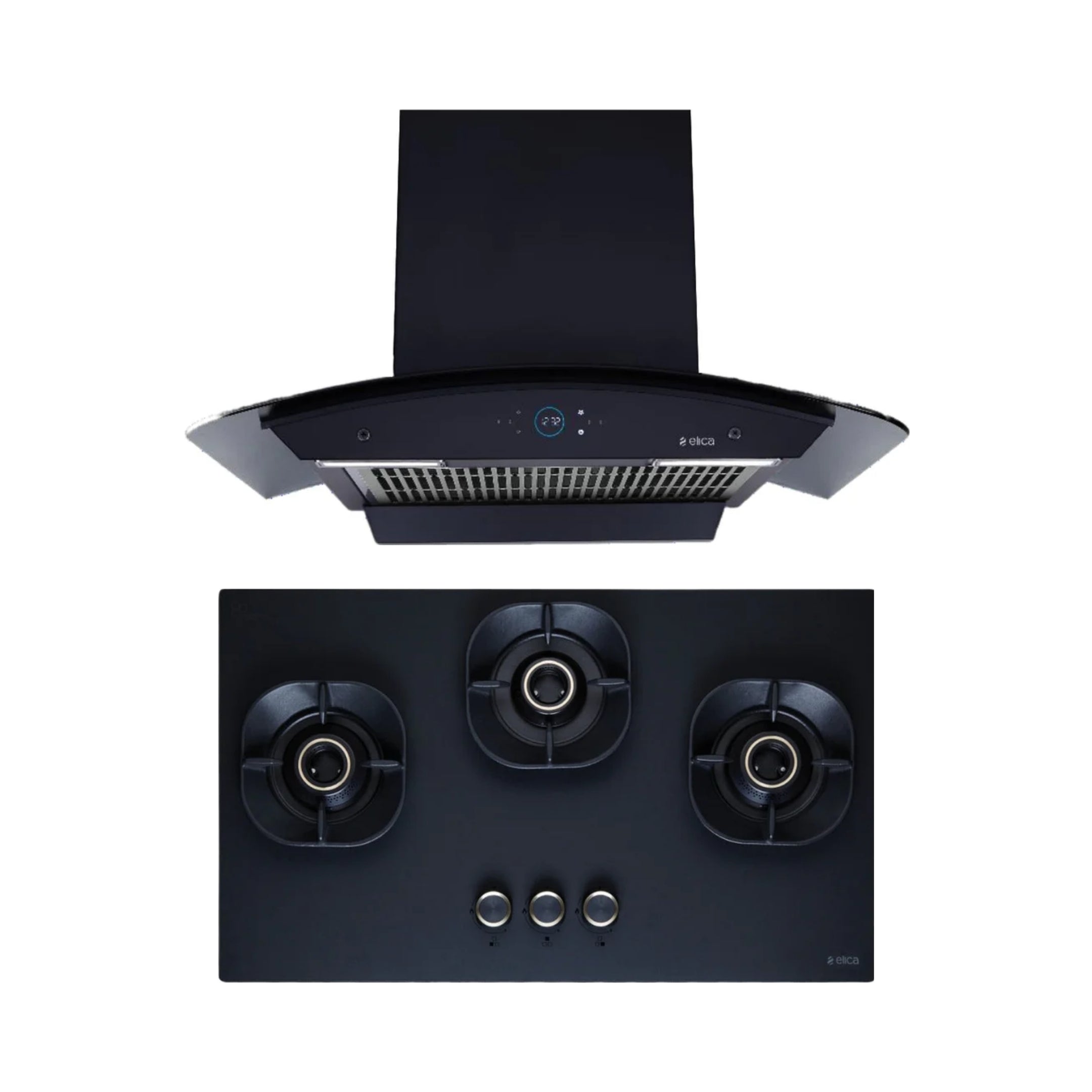Elica 75 cm Wall Mounted Chimney Ismart Series ISMART GLACE FL HAC 75 LTW NERO + Elica 75 cm 3 Burner Hob Matt Crown Lotus Series MATT CROWN FLEXI 375 LOTUS IND HD BRASS