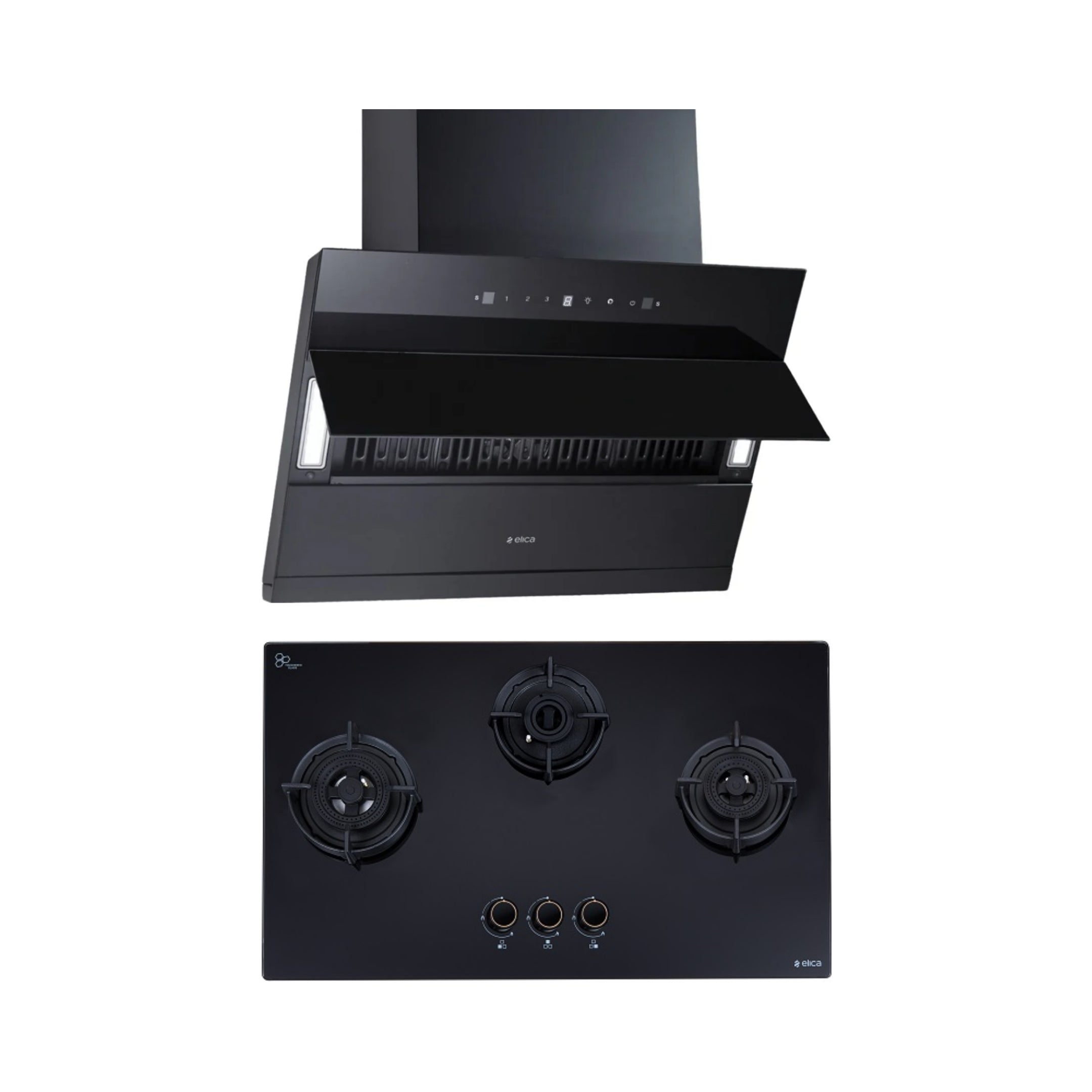Elica 75 cm Wall Mounted Chimney EFL 3V 751 HAC LTW MS NERO + Elica 75 cm 3 Burner Hob DFS AB Series FLEXI DFS AB 3B 75 DX
