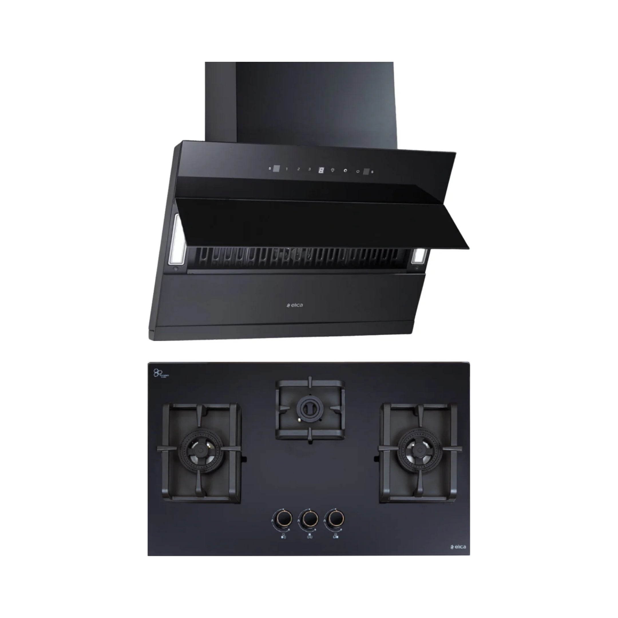Elica 75 cm Wall Mounted Chimney EFL 3V 751 HAC LTW MS NERO + Elica 75 cm 3 Burner Hob DFS PRO AB Series FLEXI DFS PRO AB 3B 75 DX