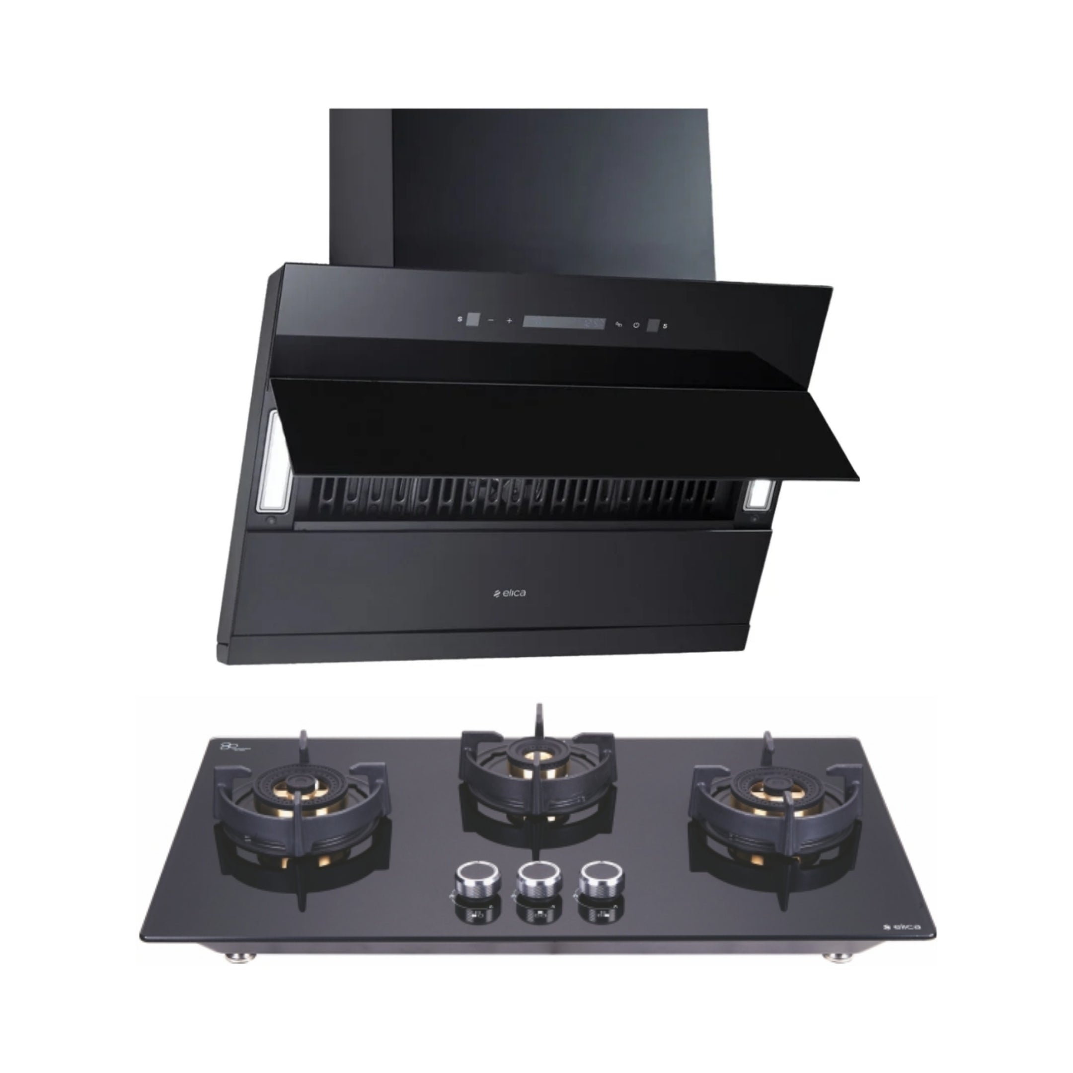 Elica 75 cm Wall Mounted Chimney EFL 3V 751 BLDC HAC LTW MS NERO + Elica 75 cm 3 Burner Hob Direct Flame Series FLEXI DFS FB 3B 75 DX