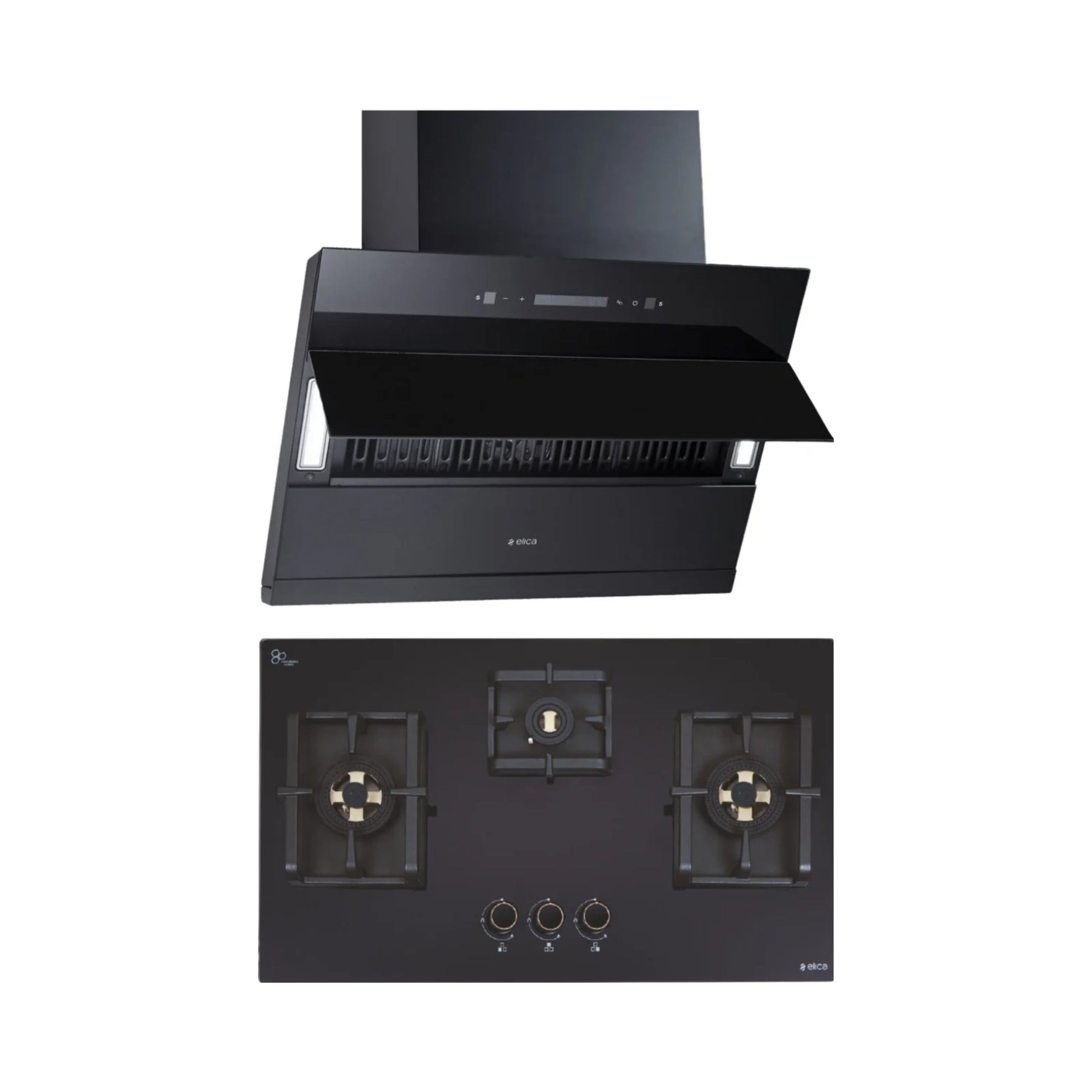Elica 75 cm Wall Mounted Chimney EFL 3V 751 BLDC HAC LTW MS NERO + Elica 75 cm 3 Burner Hob DFS PRO FB Series FLEXI DFS PRO FB 3B 75 DX
