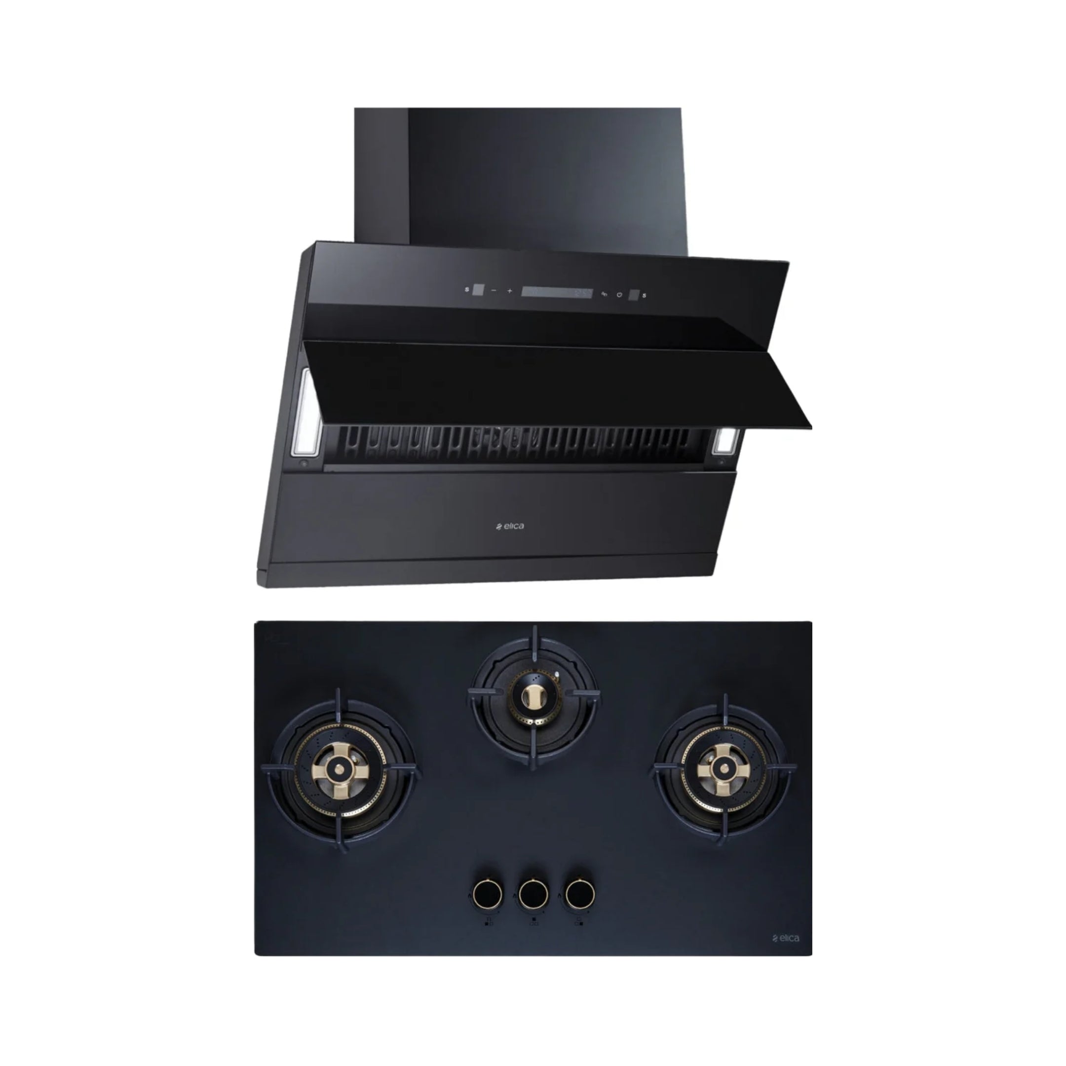Elica 75 cm Wall Mounted Chimney EFL 3V 751 BLDC HAC LTW MS NERO + Elica 75 cm 3 Burner Hob Matt Flexi DFS Series MATT FLEXI DFS HE FB 3B 75 DX