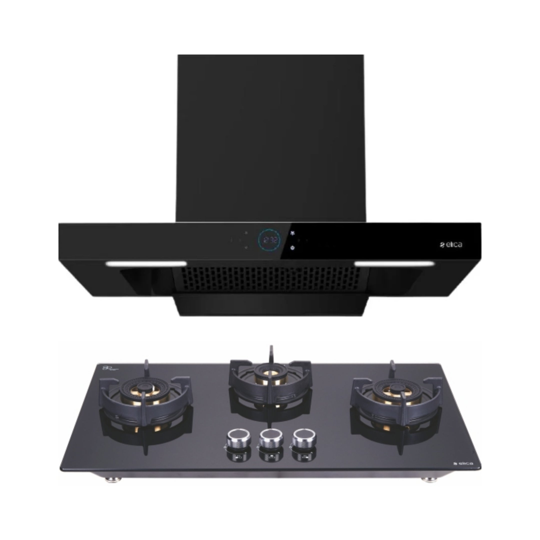 Elica 75 cm Wall Mounted Chimney Ismart Series ISMART SPOT FL HAC 75 LTW NERO + Elica 75 cm 3 Burner Hob Direct Flame Series FLEXI DFS FB 3B 75 DX