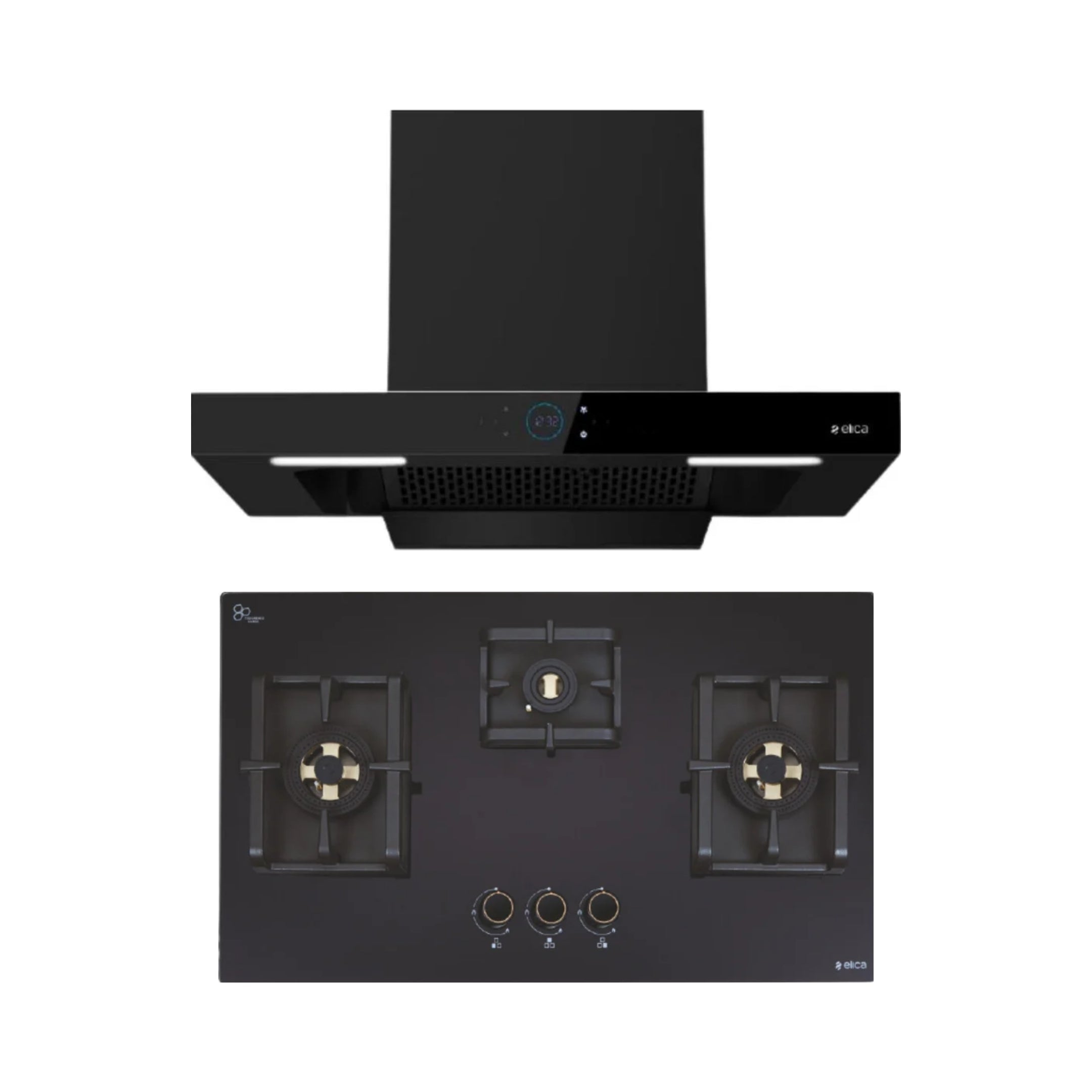 Elica 75 cm Wall Mounted Chimney Ismart Series ISMART SPOT FL HAC 75 LTW NERO + Elica 75 cm 3 Burner Hob DFS PRO FB Series FLEXI DFS PRO FB 3B 75 DX