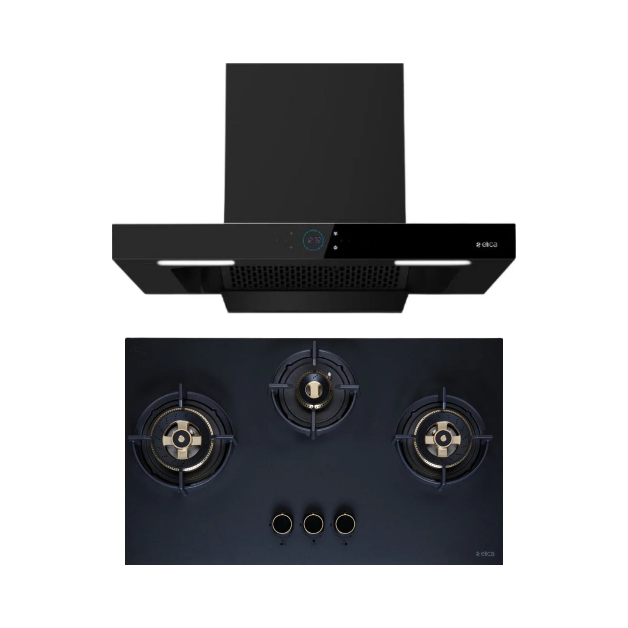 Elica 75 cm Wall Mounted Chimney Ismart Series ISMART SPOT FL HAC 75 LTW NERO + Elica 75 cm 3 Burner Hob Matt Flexi DFS Series MATT FLEXI DFS HE FB 3B 75 DX