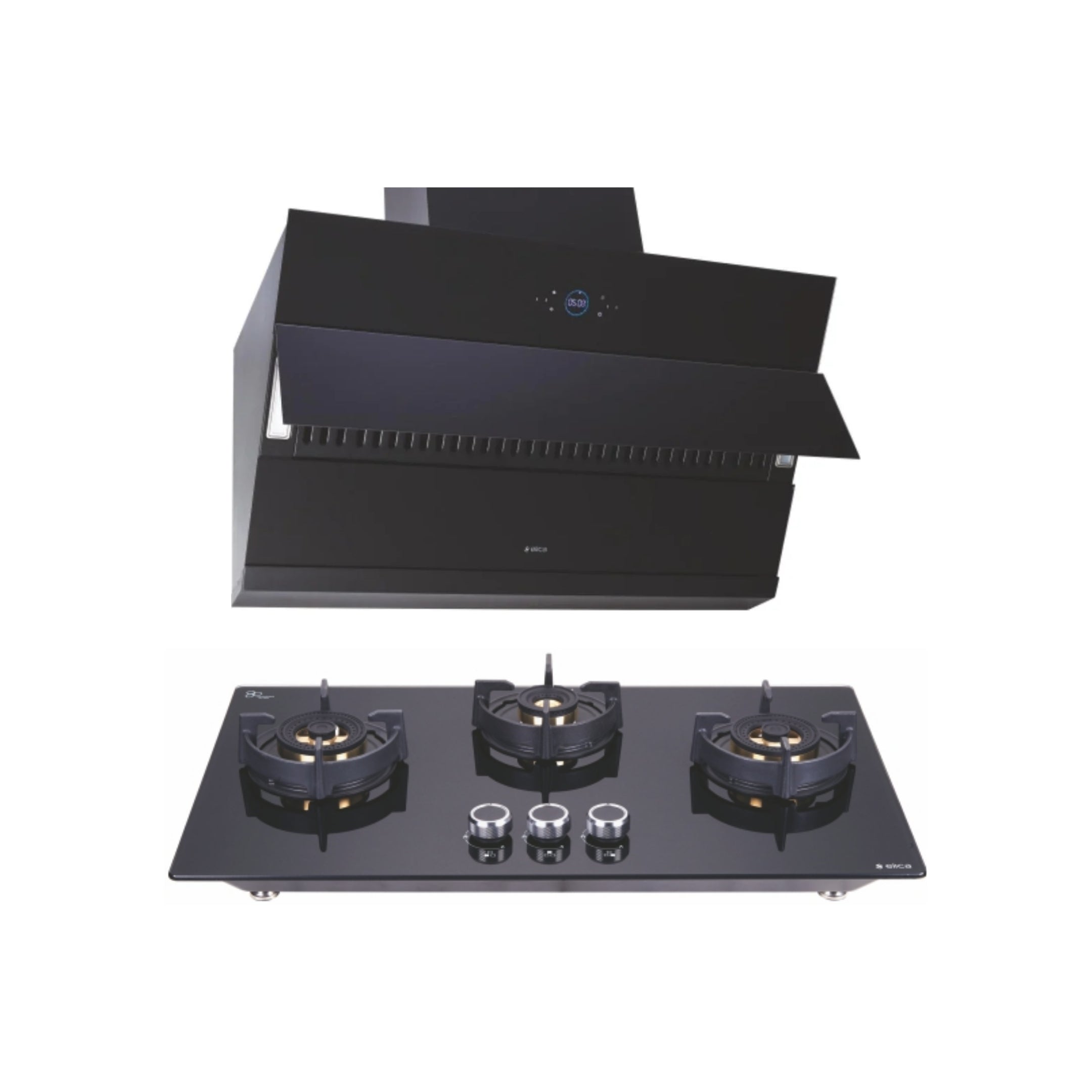 Elica 75 cm Wall Mounted Chimney Ismart Series ISMART EFL HAC LTW 75 + Elica 75 cm 3 Burner Hob Direct Flame Series FLEXI DFS FB 3B 75 DX