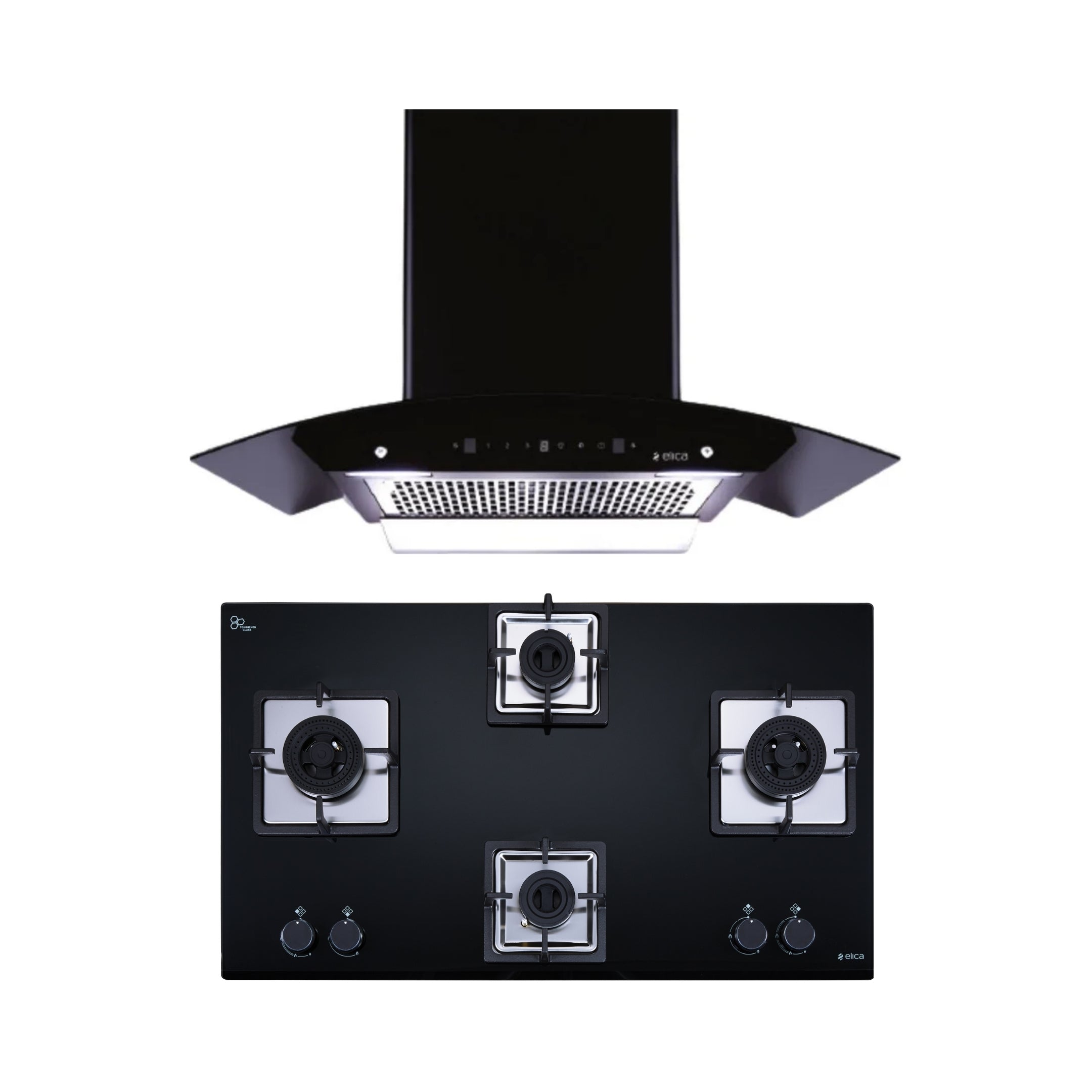 Elica 90 cm Wall Mounted Chimney Auto Sense Auto Sense WDFL 906 HAC LTW MS NERO + Elica 90 cm 4 Burner Hob DFS AB Series IND FLEXI AB 491 DX DFS