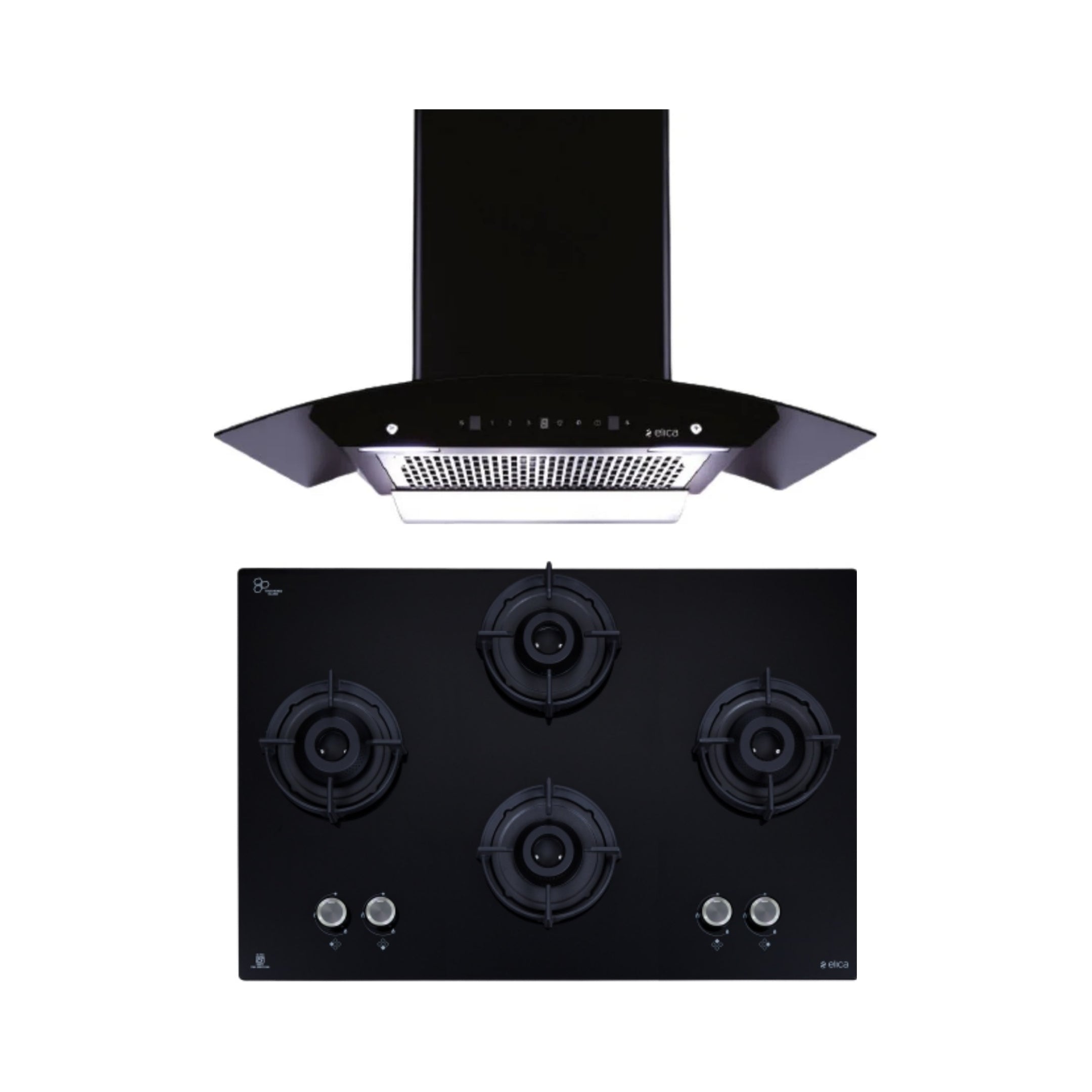 Elica 90 cm Wall Mounted Chimney Auto Sense Auto Sense WDFL 906 HAC LTW MS NERO + Elica 90 cm 4 Burner Hob Lotus Series FLEXI 491 LOTUS IND HD BRASS