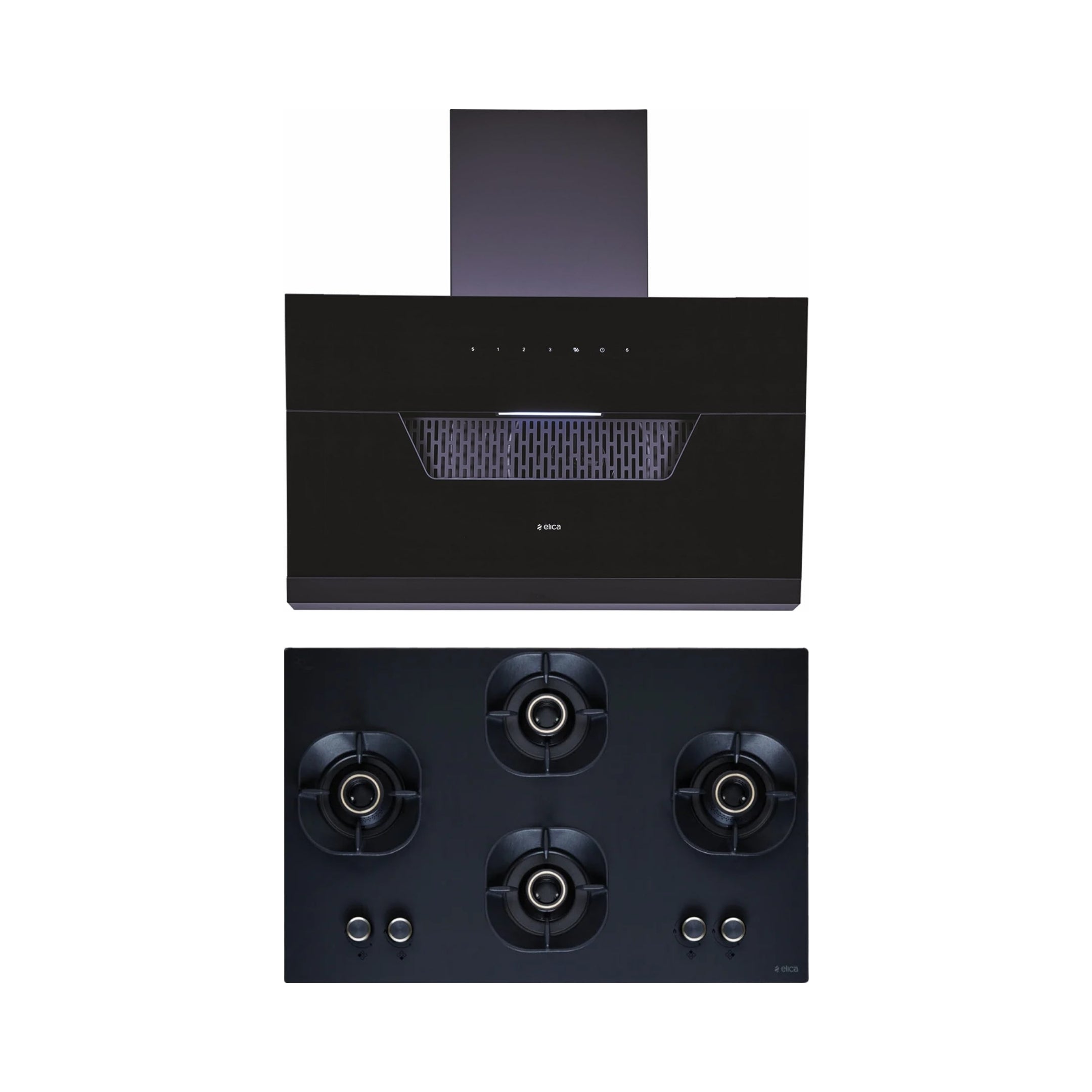 Elica 90 cm Wall Mounted Chimney Auto Sense Auto Sense EFL 207 HAC LTW VMS 90 + Elica 90 cm 4 Burner Hob Crown Lotus Series CROWN FLEXI 491 LOTUS IND HD BRASS